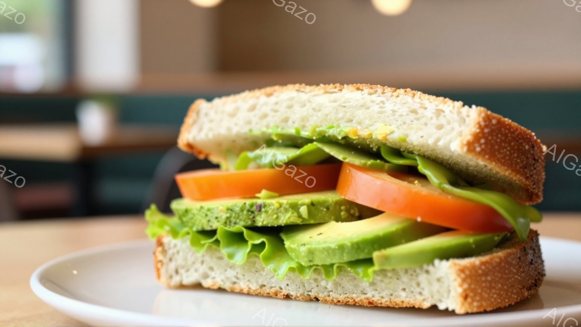 白い皿の上に、半分に切られたサンドイッチが置かれています。サンドイッチの中身はレタス、トマト、アボカドで、パンは少し焦げ目がついた茶色い食パンです。背景はぼやけていますが、明るい室内で、落ち着いた雰囲気です。