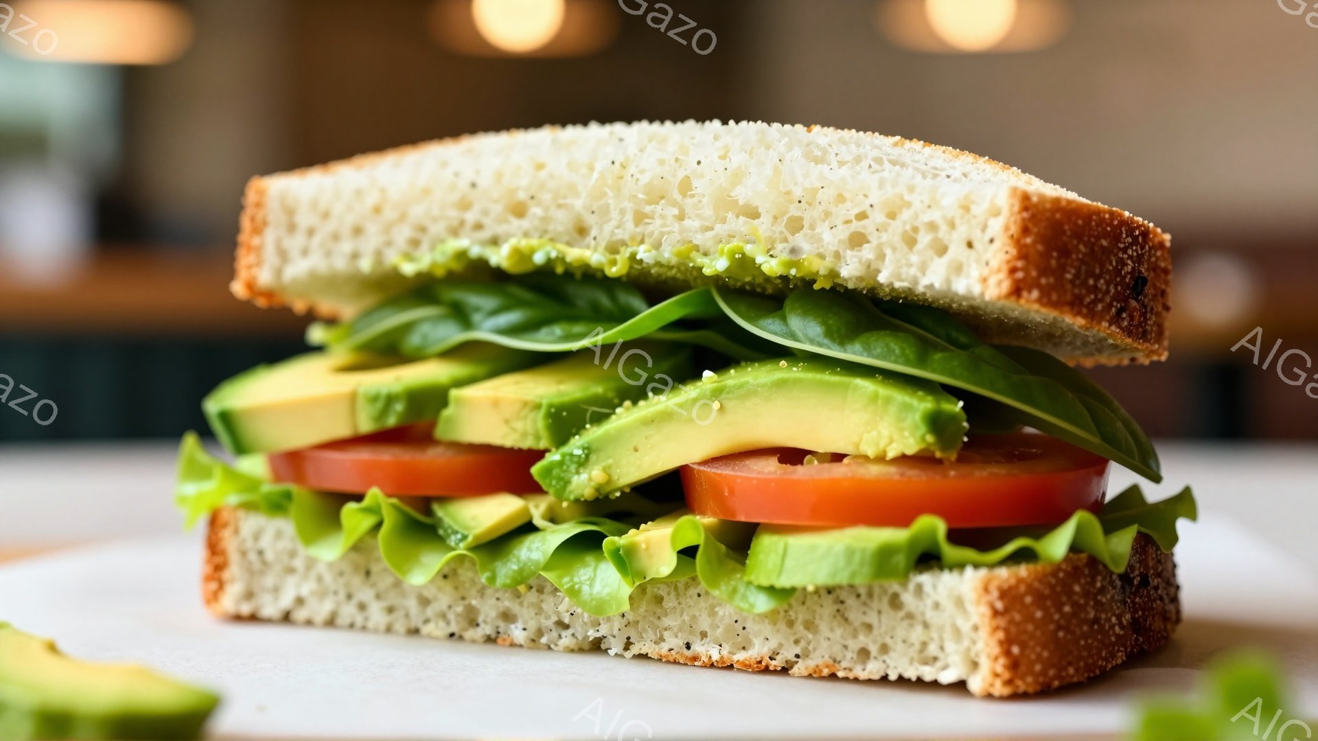 全粒粉パンで挟まれたサンドイッチが写っている。レタス、トマト、アボカドが層状に重ねられており、彩り豊かで美味しそうに見える。背景はぼやけており、明るい自然光の下で撮影されているようだ。