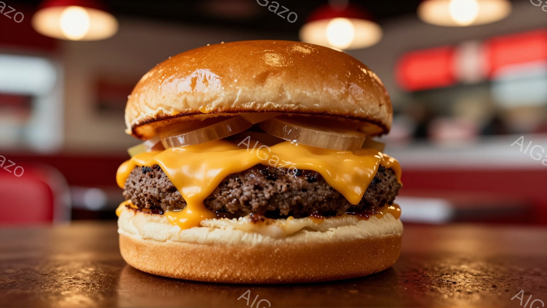 黄金色のバンズに挟まれたハンバーガーが、とろけるチーズと新鮮な玉ねぎをのせて、食欲をそそる様子で表現されている。背景にはぼやけた赤いシートと光がちらつく様子が見え、ハンバーガーが際立つように設計されて - AI生成フリー素材