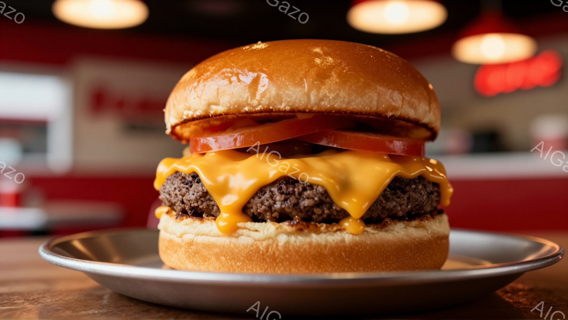 焼き立てのハンバーガーが金属製の皿の上に置かれています。チーズがとろけてミートパティにかかり、トマトが挟まれています。背景はぼやけており、レストランのような暖色系の照明が灯っています。 - AI生成フリー素材
