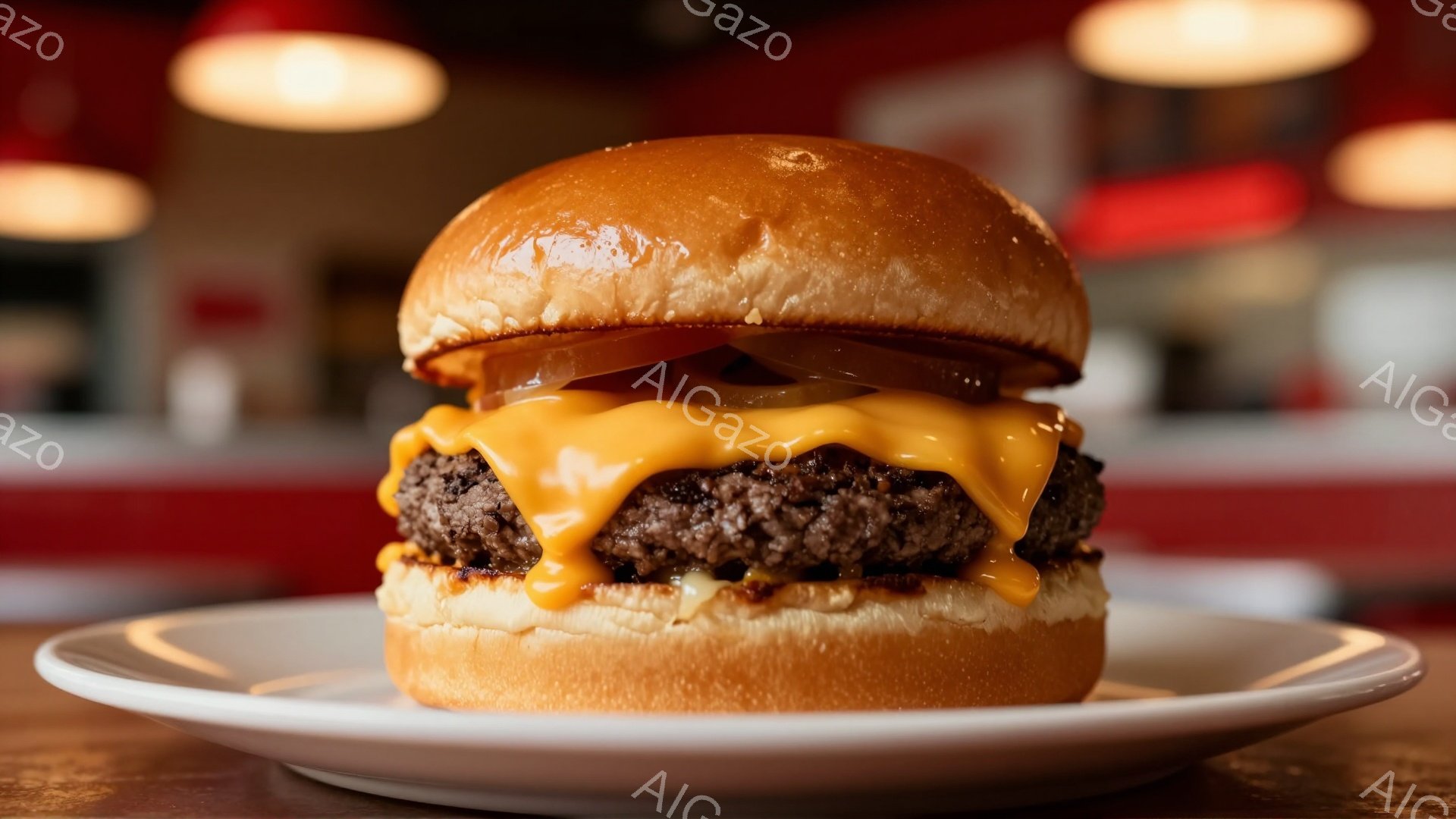 鮮やかなオレンジ色のチーズがとろけるハンバーガーが白い皿に乗せられています。バンズは焼き色がついており、中には肉厚のパティと赤い玉ねぎが見えます。背景はぼかされており、暖色系の照明がレストランのような - AI生成フリー素材