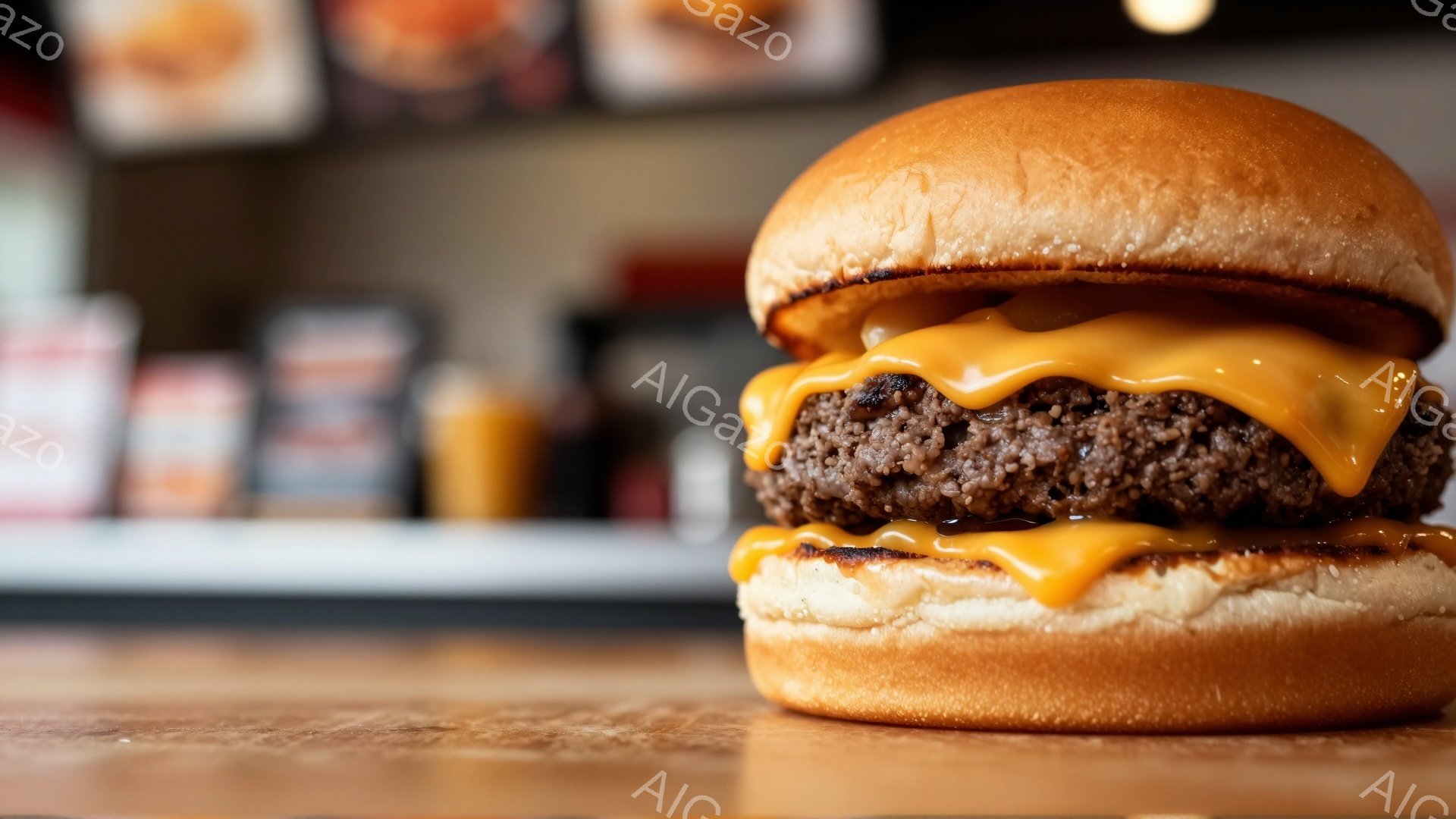 画像は、バンズに挟まれたジューシーなハンバーガーを捉えています。溶けたチーズが肉の上にたっぷりと流れ落ち、食欲をそそる様子が表現されています。背景には、ぼやけたメニューボードが見え、レストランまたはフ - AI生成フリー素材