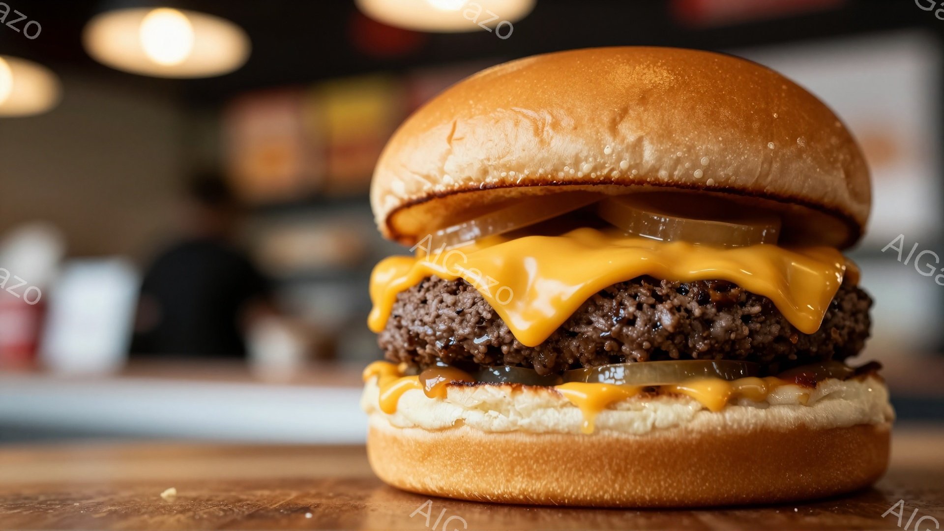 焦げ目がついたバンズに、とろけたチーズとピクルスが挟まれたハンバーガーが画面中央に大きく配置されている。背景はぼやけており、木製のテーブルらしきものがわずかに見える。暖色系の照明とチーズのとろけ具合から、食欲をそそる、カジュアルな雰囲気の画像である。