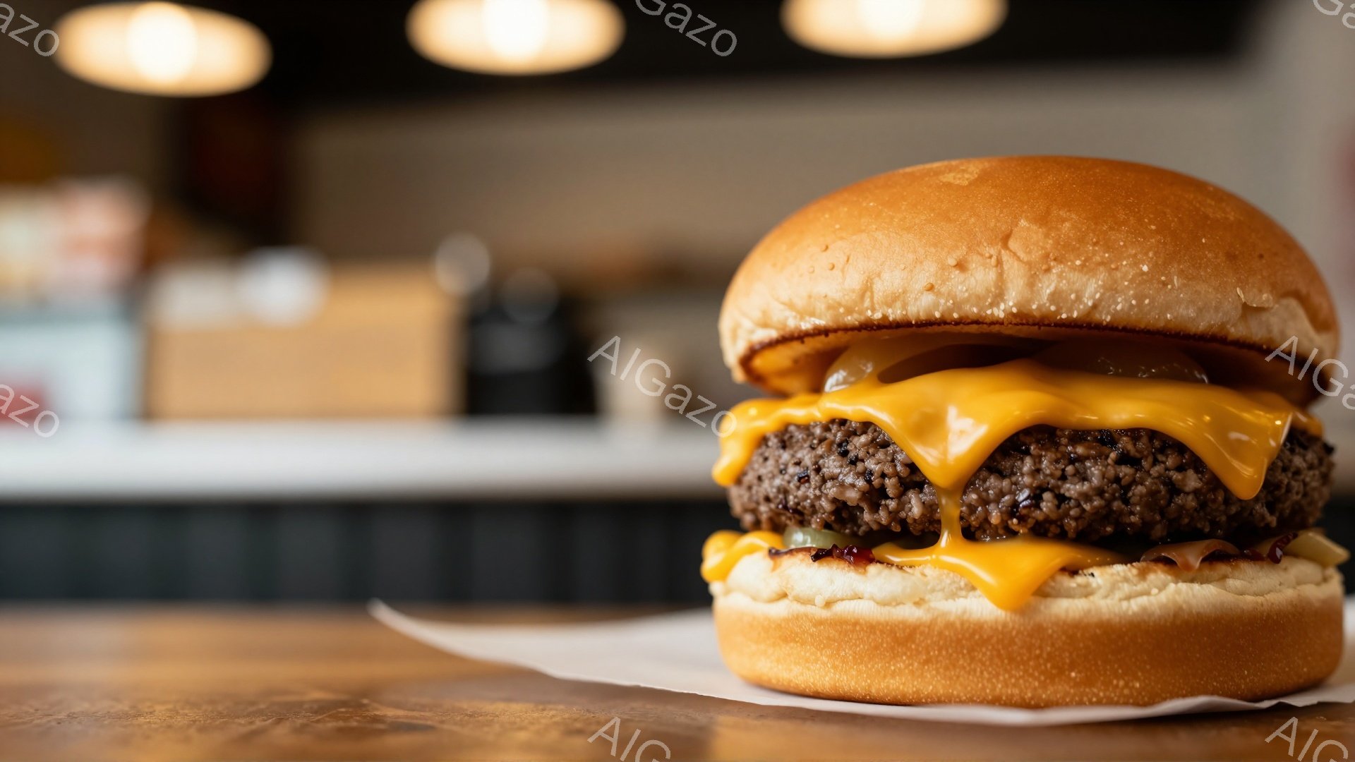粗挽きのパティととろけるチーズが挟まれたハンバーガーが、白い紙の上に置かれている。背景は木製のテーブルとぼやけたカウンターで、暖色系の照明がハンバーガーを照らし出している。全体的に食欲をそそる、シンプ - AI生成フリー素材