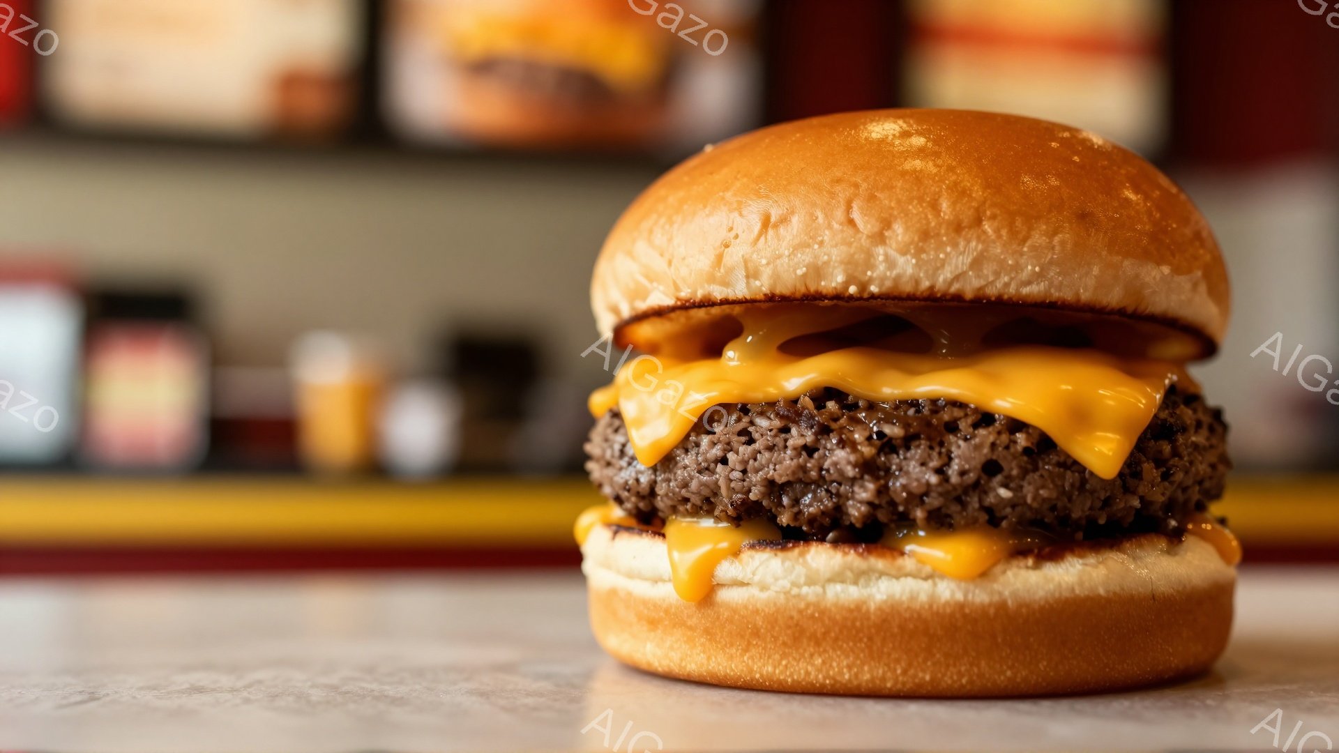 黄金色のバンズに挟まれたジューシーなハンバーグが中央に配置され、溶けたチーズが側面から流れ落ちています。背景には、ぼやけた赤いストライプと、他の食品の広告がわずかに見えます。全体的に、食欲をそそる、シ - AI生成フリー素材
