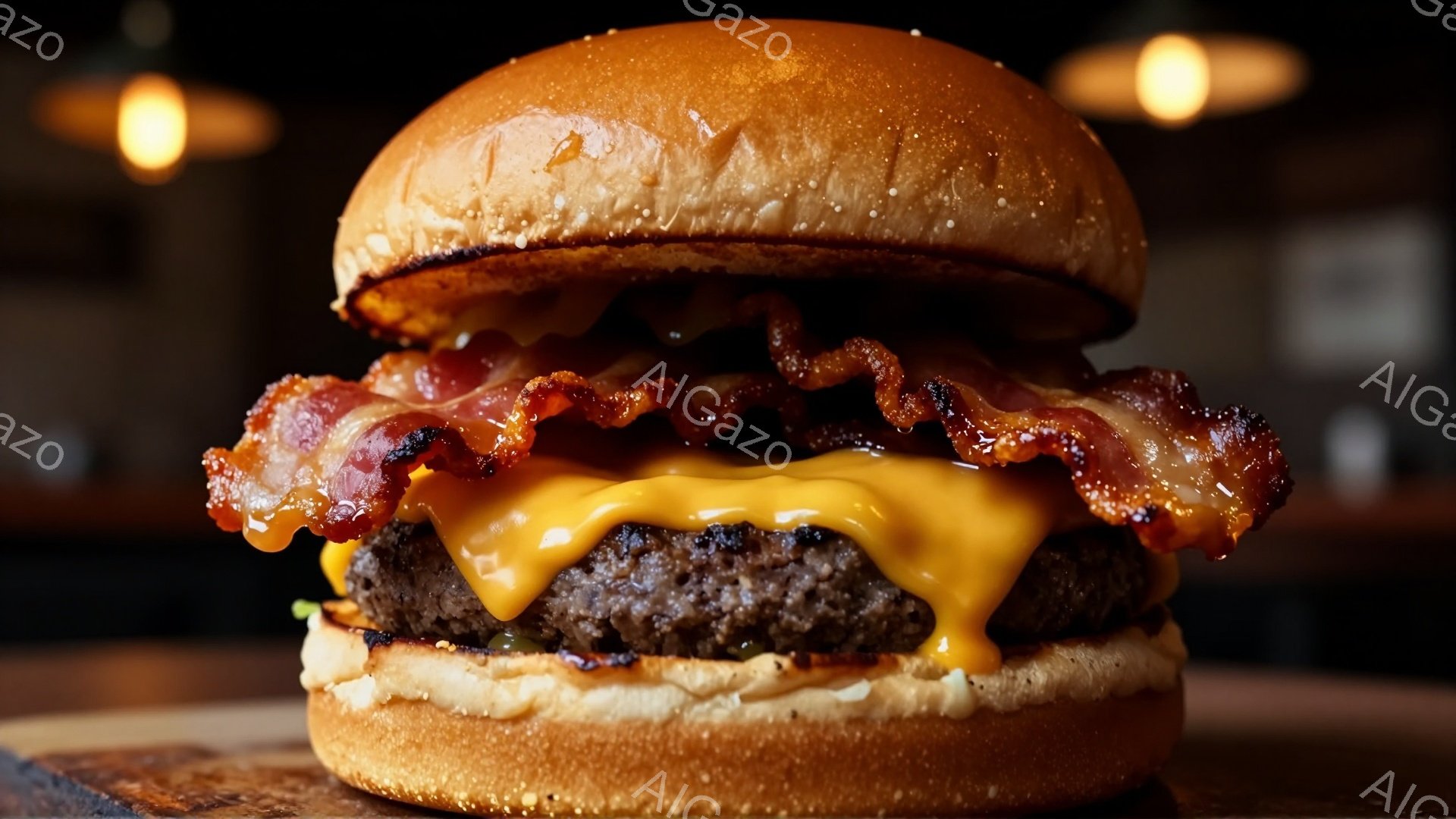 これは、チーズとベーコンがたっぷり挟まれたハンバーガーのクローズアップ写真です。バンズは軽く焦げ目がついており、チーズは溶けて流れ出し、ベーコンはパリパリとした食感を想像させます。背景は暗く、ハンバー - AI生成フリー素材