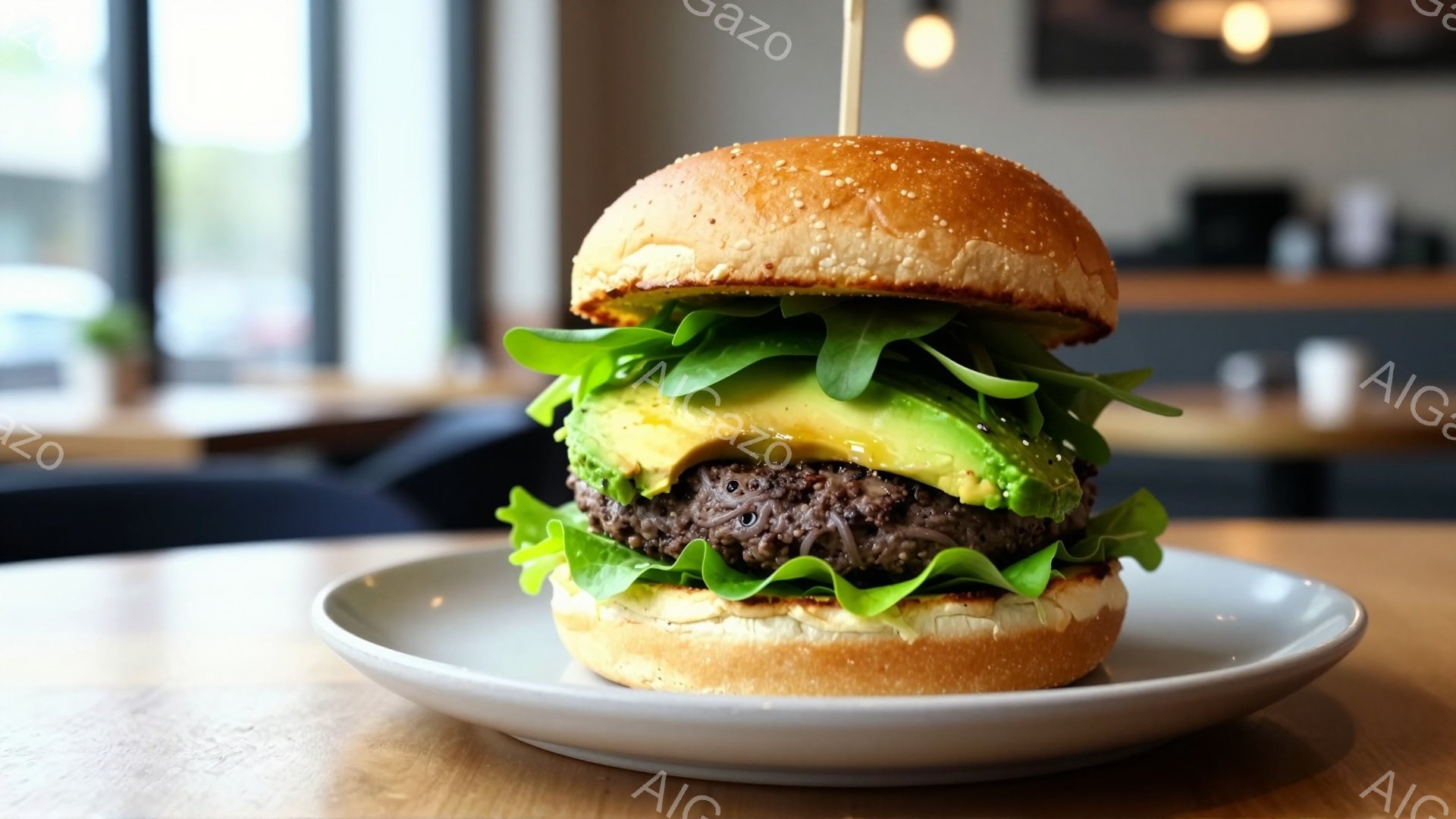 白い皿の上に、アボカドとレタスが挟まれたハンバーガーが置かれています。ハンバーガーのパティは肉厚で、全体的に鮮やかな緑と茶色のコントラストが食欲をそそります。背景には、ぼやけたカフェの様子が見え、明る - AI生成フリー素材