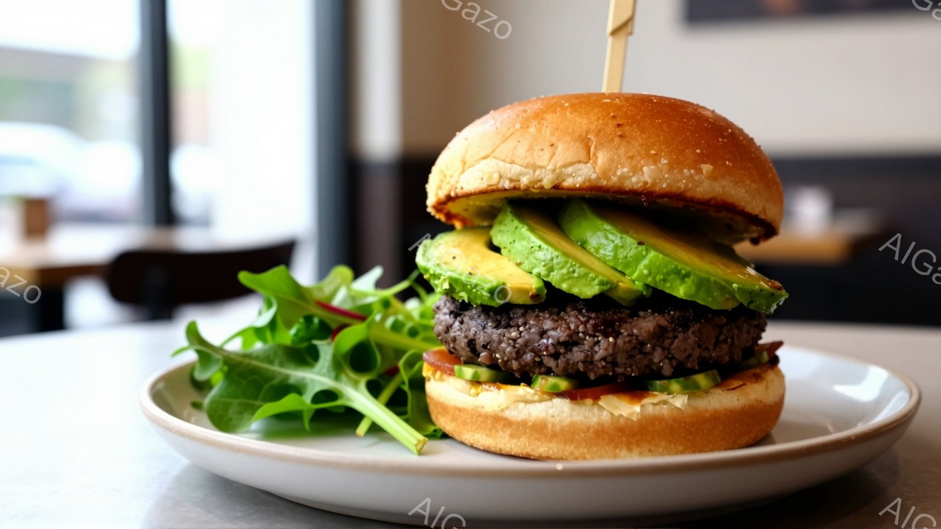 皿の上には、アボカドとパテが挟まったハンバーガーが乗っています。ハンバーガーの周りには新鮮な葉野菜が添えられ、手前に竹串が挿されています。背景にはぼやけたテーブルと椅子が見え、明るく清潔なカフェのような雰囲気です。