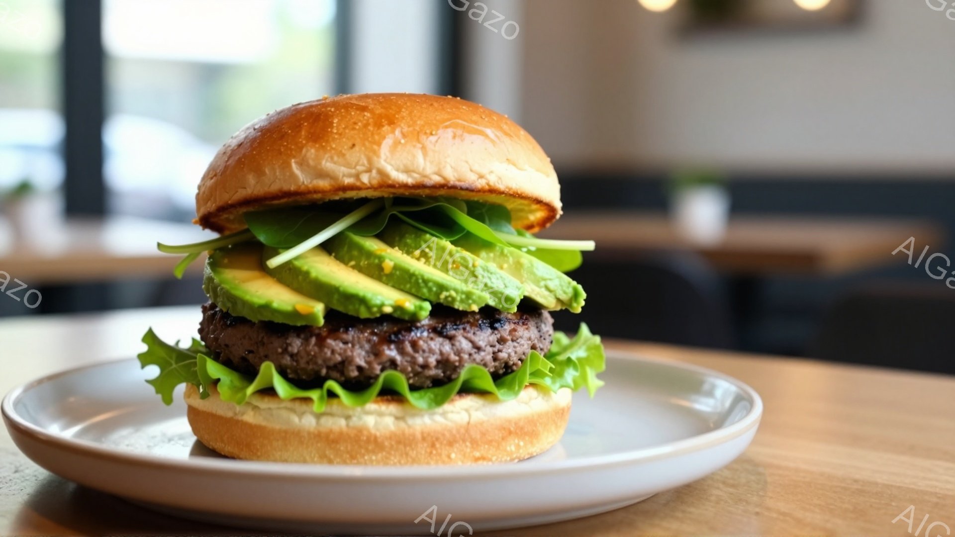 白い皿に乗ったハンバーガーが写っている。ハンバーガーはバンズ、レタス、パテ、アボカドが重ねられており、美味しそうに見える。背景には木製のテーブルと椅子、そしてぼんやりと見える室内の一部があり、カジュアルな雰囲気のカフェやレストランの一室のようだ。