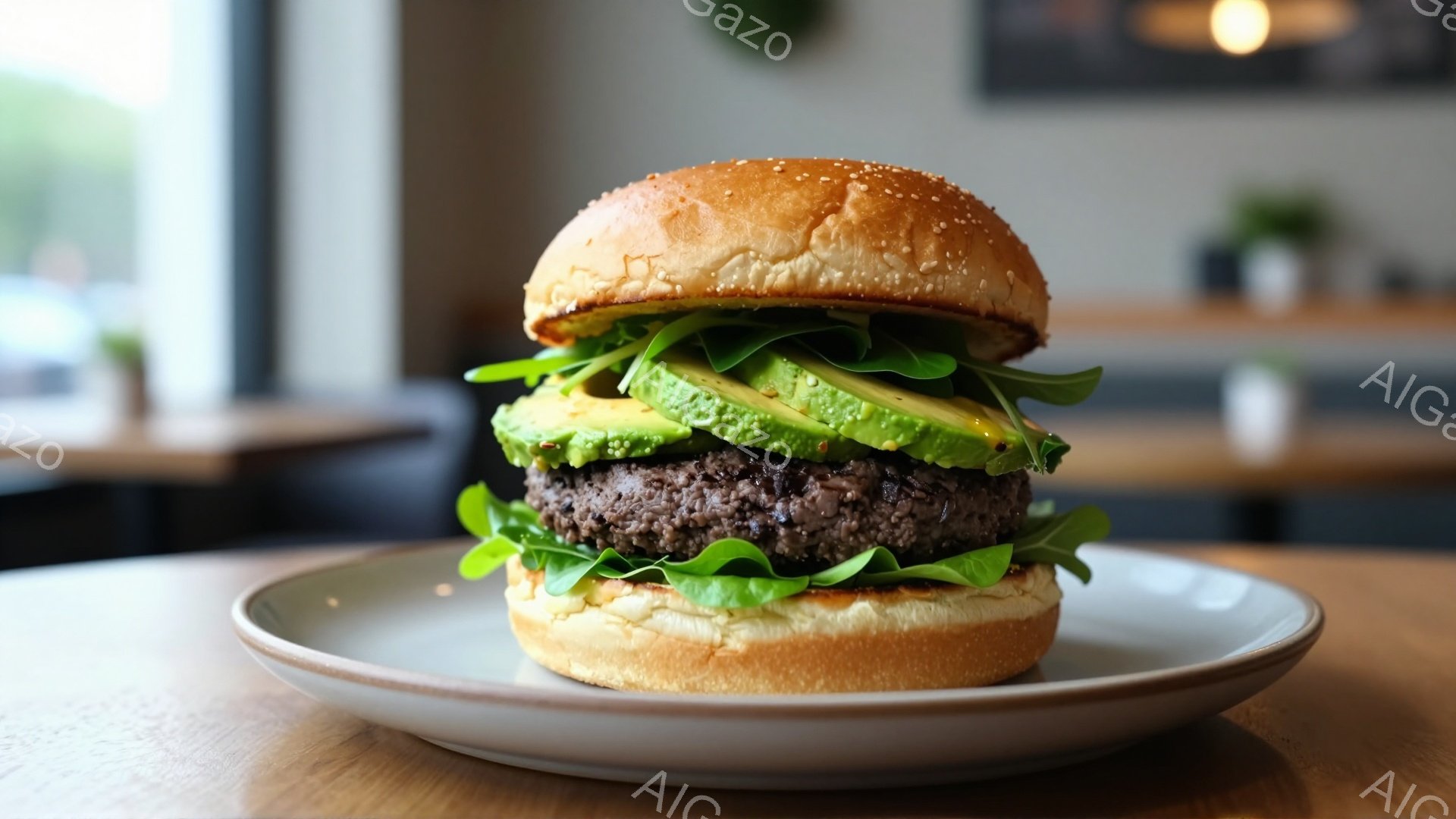 焼き立てのハンバーガーが、薄いグレーの皿に乗せられ、木製のテーブルの上に置かれています。ハンバーガーには、緑色のレタスとアボカドが挟まっており、バンズは軽く焦げ目がついています。背景にはぼやけたカフェの様子が見え、温かく居心地の良い雰囲気が漂っています。