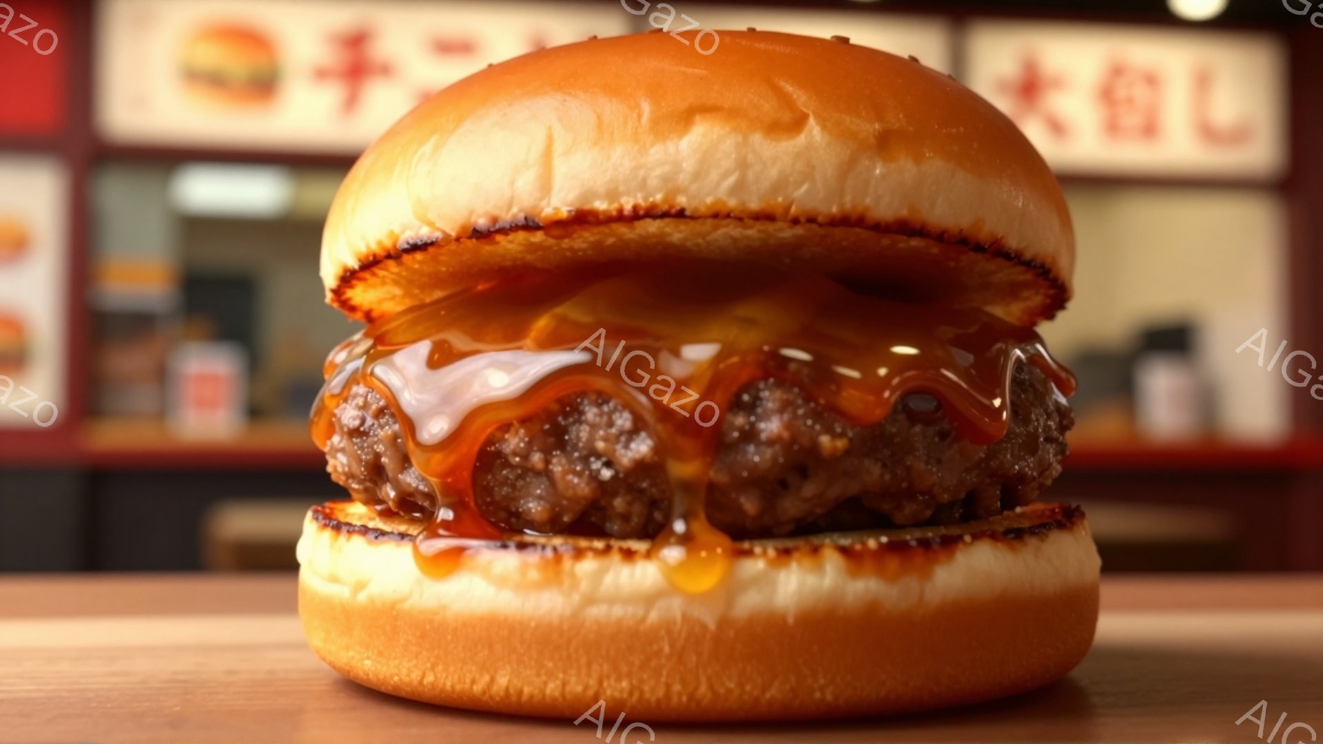 画像は、たっぷりのソースがかかったハンバーガーを正面から捉えたクローズアップ写真です。ハンバーガーは、ふっくらとしたバンズに挟まれ、肉の質感とソースの照りが強調されています。背景には、ぼやけた店舗内部 - AI生成フリー素材