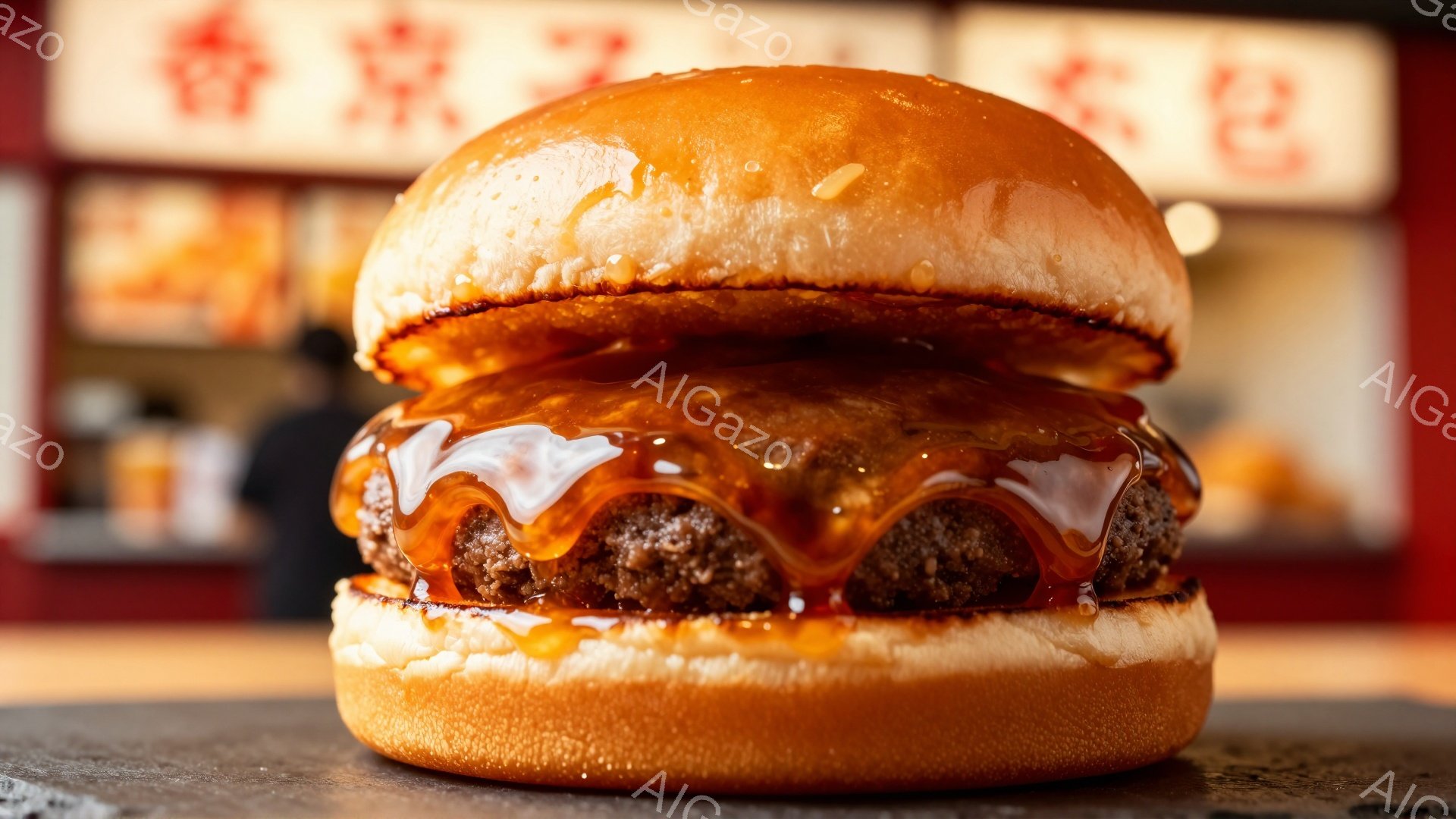 濃厚なソースがかかったハンバーガーが焦点に当たっており、ふっくらとしたバンズと、その間から覗く肉の質感が見て取れる。背景には、赤を基調とした看板がぼやけ、店の内部であることがわかる。全体的に、食欲をそそる暖かく、親しみやすい雰囲気である。