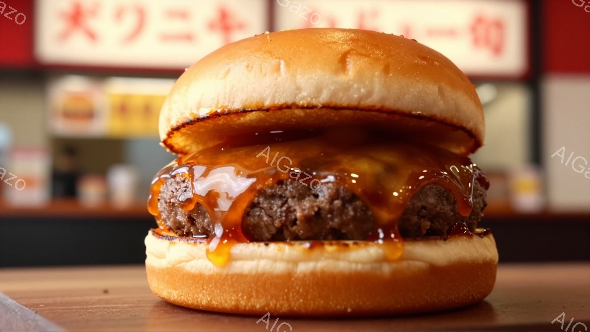 鮮やかな木製のテーブルの上に、ハンバーガーが置かれています。肉厚なパティからオレンジ色のソースが滴り落ち、ふっくらとしたバンズに挟まれています。背景にはぼやけた赤い看板が見え、軽食店またはレストランのような雰囲気です。