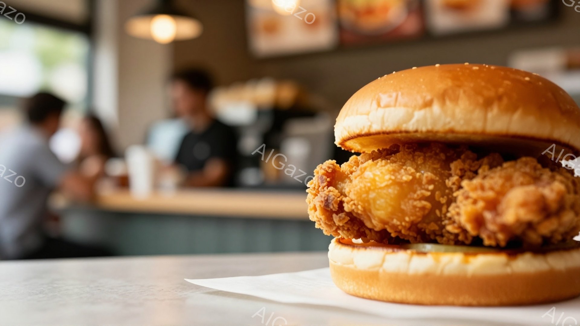 焦点は、バンズで挟まれた大きなフライドチキンバーガーにかかっています。バーガーは白い紙の上に置かれ、背景にはぼやけたレストランのカウンターと、ぼんやりと見える人々がいます。レストランの雰囲気は明るく、暖かく、食事を楽しむのに最適な場所であることがわかります。