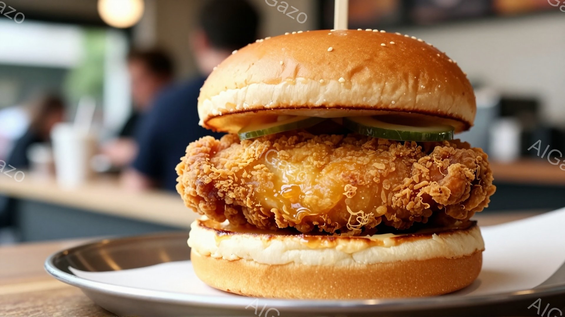黄金色に焼かれたバンズに、サクサクのフライドチキン、とろけるチーズ、そしてピクルスのスライスが挟まれたハンバーガーが、白い紙と灰色の皿に乗せられている。背景はぼやけており、テーブルと人々が見えるが、焦 - AI生成フリー素材