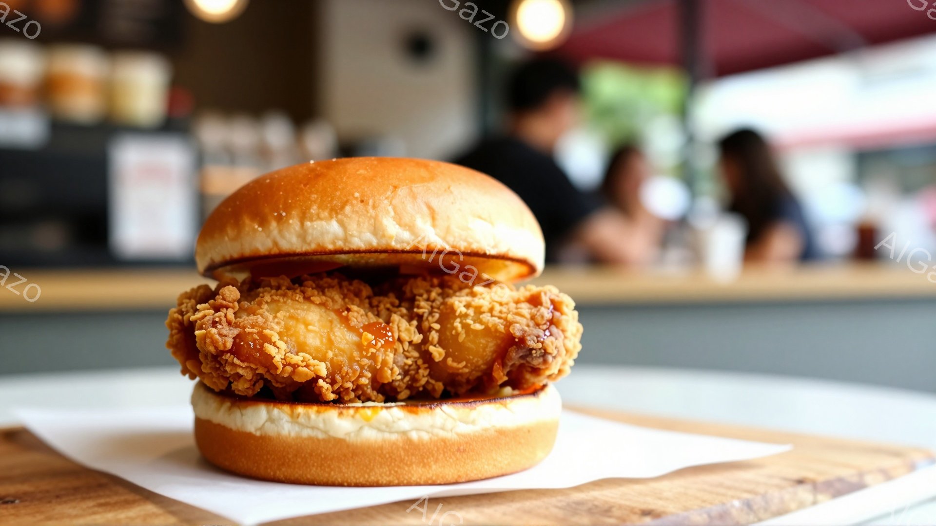 画面中央には、カリカリに揚げられた鶏肉のパティを挟んだハンバーガーが置かれています。バンズは黄金色で、パティからは照りが見え、食欲をそそります。背景にはぼやけたカフェの様子が見え、テーブルの上には白い - AI生成フリー素材