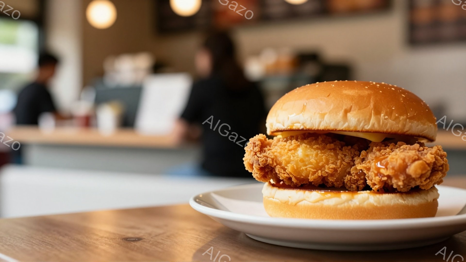 白い皿の上に、大きく揚げられたチキンバーガーが置かれている。バンズは黄金色で、カリカリのチキンととろけるチーズが挟まっている。背景は少しぼやけており、カウンターと人物が見え、カフェのような暖かい雰囲気が感じられる。