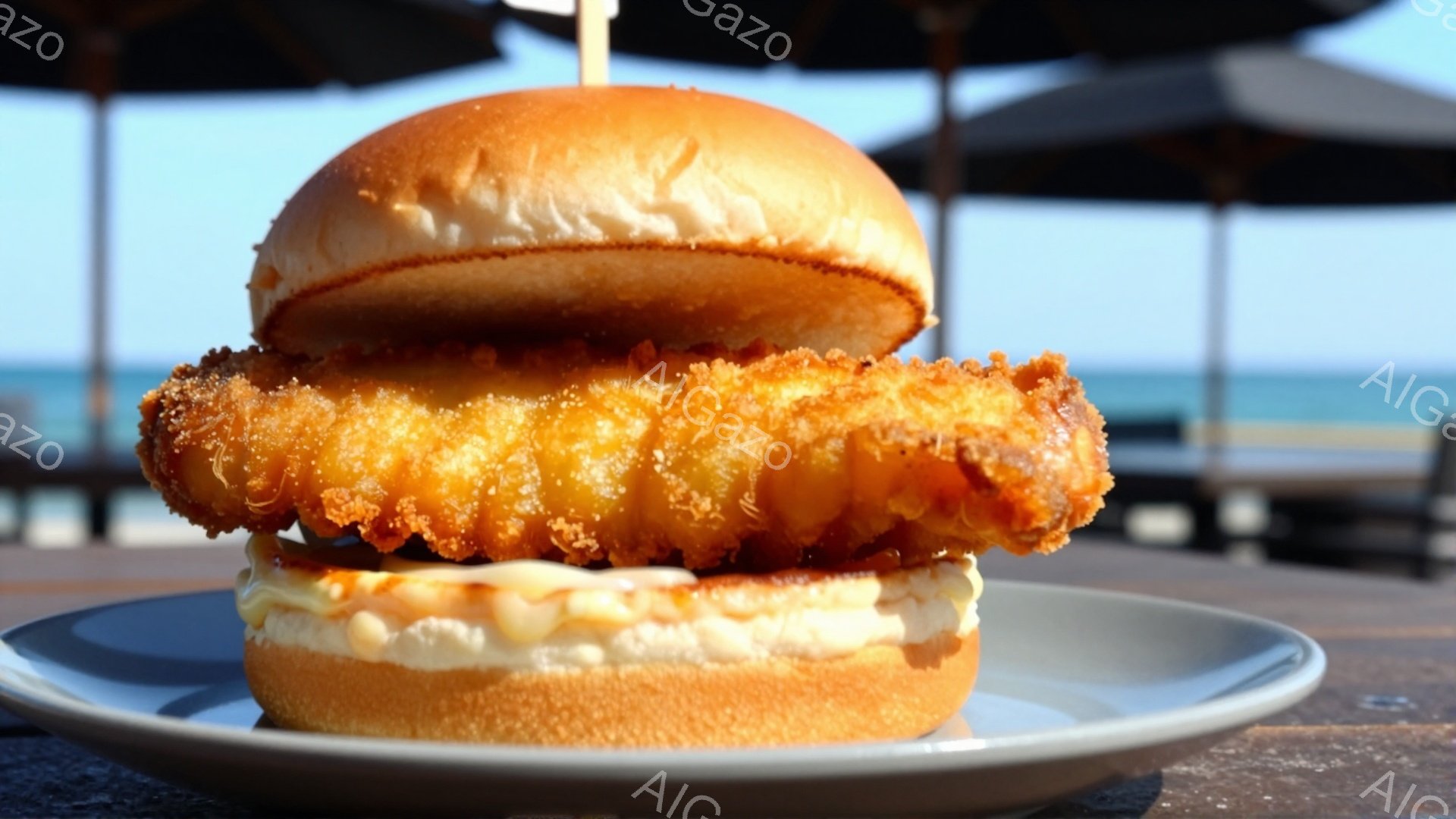 鮮やかな青い海を背景に、大きなハンバーガーが皿の上に置かれている。ハンバーガーは、衣がカリカリに揚がった大きな鶏肉のフライと、白くクリーミーなソース、そしてふっくらとしたバンズで構成されている。屋外のレストランやカフェのような雰囲気で、晴れた日のランチタイムを連想させる。