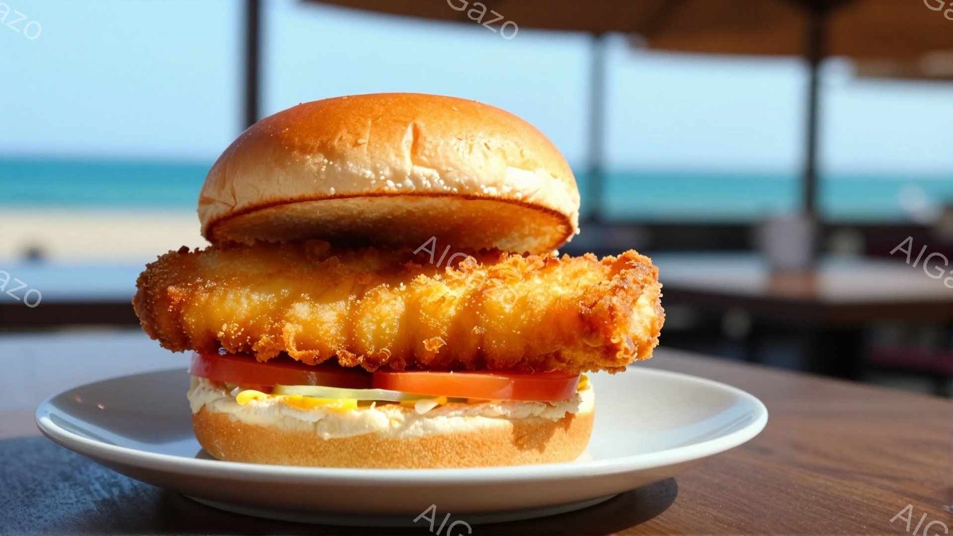 白い皿の上に、サクサクの衣をまとった大きな魚のフライサンドイッチが乗っています。レタス、トマト、ピクルス、白いソースが挟まっており、パンはふっくらと焼き色がついています。背景には、ターコイズブルーの海と、ぼやけた構造物が見え、暖かいリゾート地の雰囲気を感じさせます。