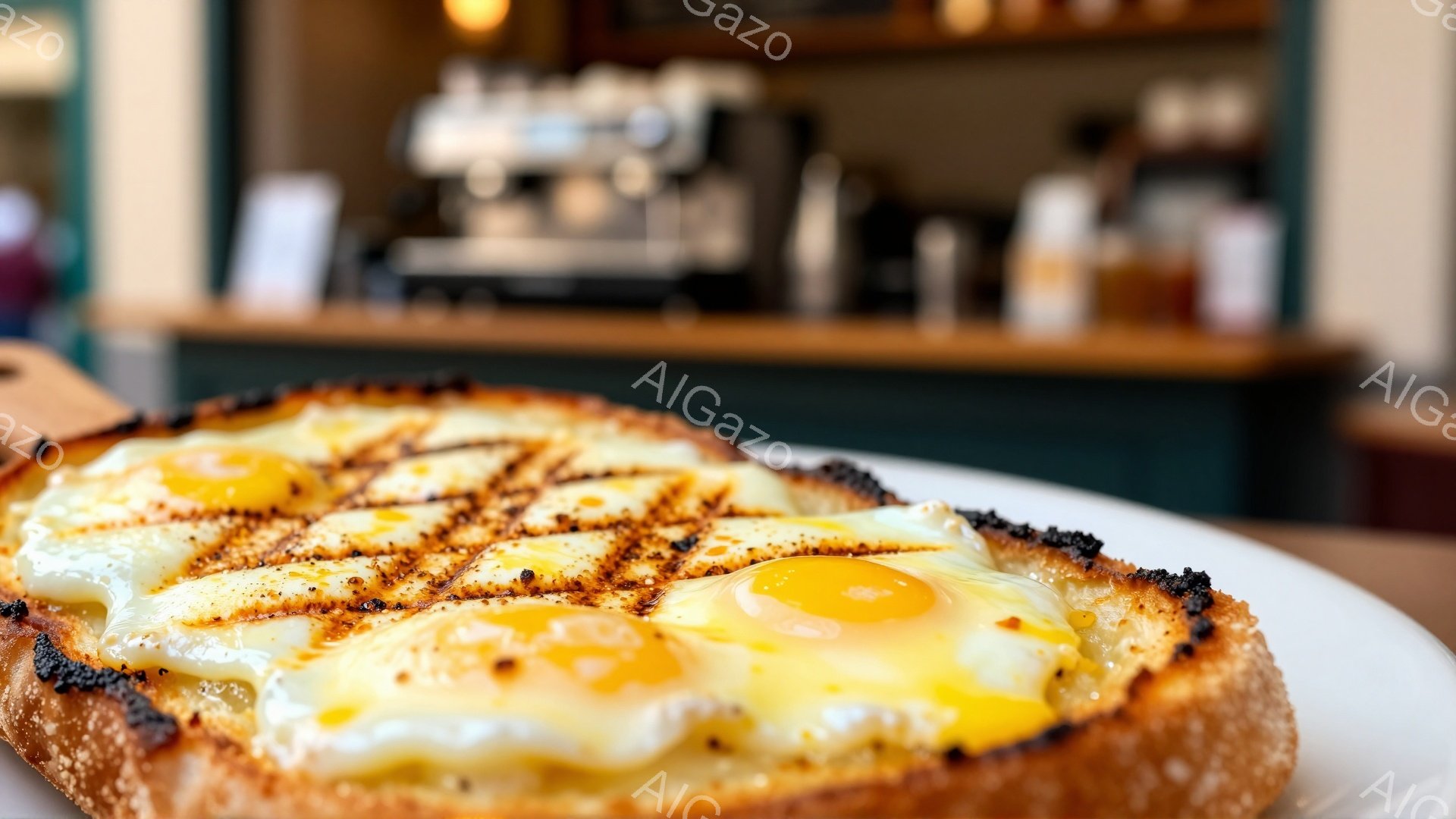 焼けたトーストに目玉焼きが乗った料理が、白い皿に乗って手前に置かれている。トーストの表面には焼き目がつき、目玉焼きの黄身は鮮やかな黄色で、全体にスパイスが振りかけられている。背景にはカフェのようなカウンターと、ぼやけた機器が見え、暖かく親しみやすい雰囲気を醸し出している。