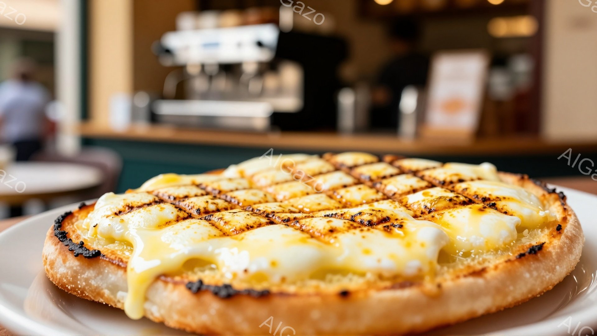 白い皿に載せられた、焼きチーズが乗ったパンが写っている。チーズは網目状に焼き付けられ、ところどころ焦げ目がつき、とろりと溶けてパンに垂れ込んでいる。背景にはぼやけたバーカウンターが見え、暖色系の照明が温かい雰囲気を醸し出している。