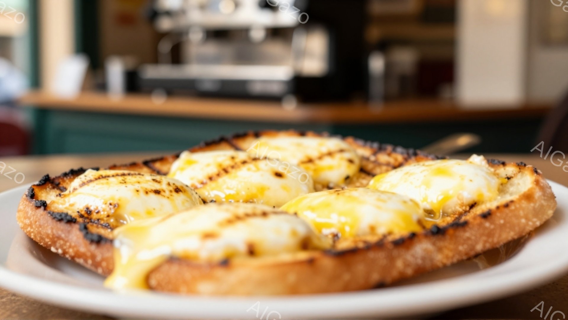 焼けたパンの上に、とろりと溶けた黄身が乗ったトーストが皿に盛られています。パンの縁は焦げ目がついており、美味しさを強調しています。背景にはぼやけたカウンターや機械が見え、カフェのような雰囲気です。 - AI生成フリー素材