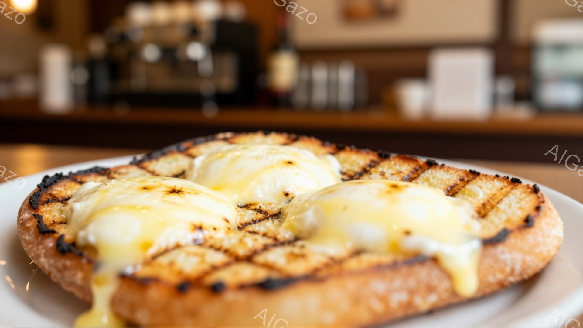 白い皿の上に、グリルトーストの上にポシェした卵が3つ乗っています。卵黄からとろりと黄身が流れ出し、香ばしいトーストと相まって食欲をそそります。背景には、ぼやけたカフェのカウンターやボトルが写り、温かい雰囲気が感じられます。