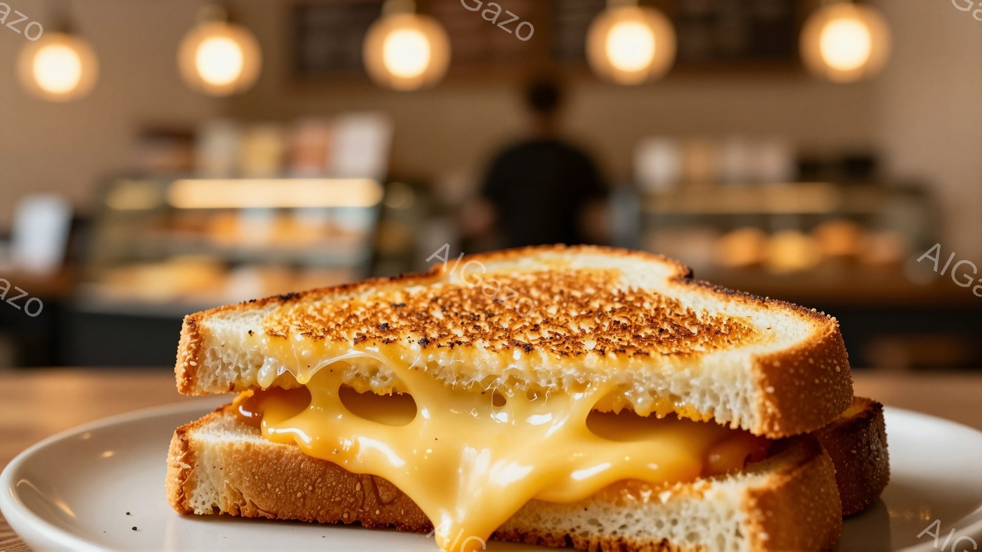 焦げ目がついたパンで挟まれた、とろけるチーズサンドイッチが皿の上に置かれている。背景には、ぼやけたカフェのカウンターと、それよりさらにぼやけた人物が見える。暖色系の照明とパンの黄金色の焼き色が、食欲をそそる温かい雰囲気を作り出している。