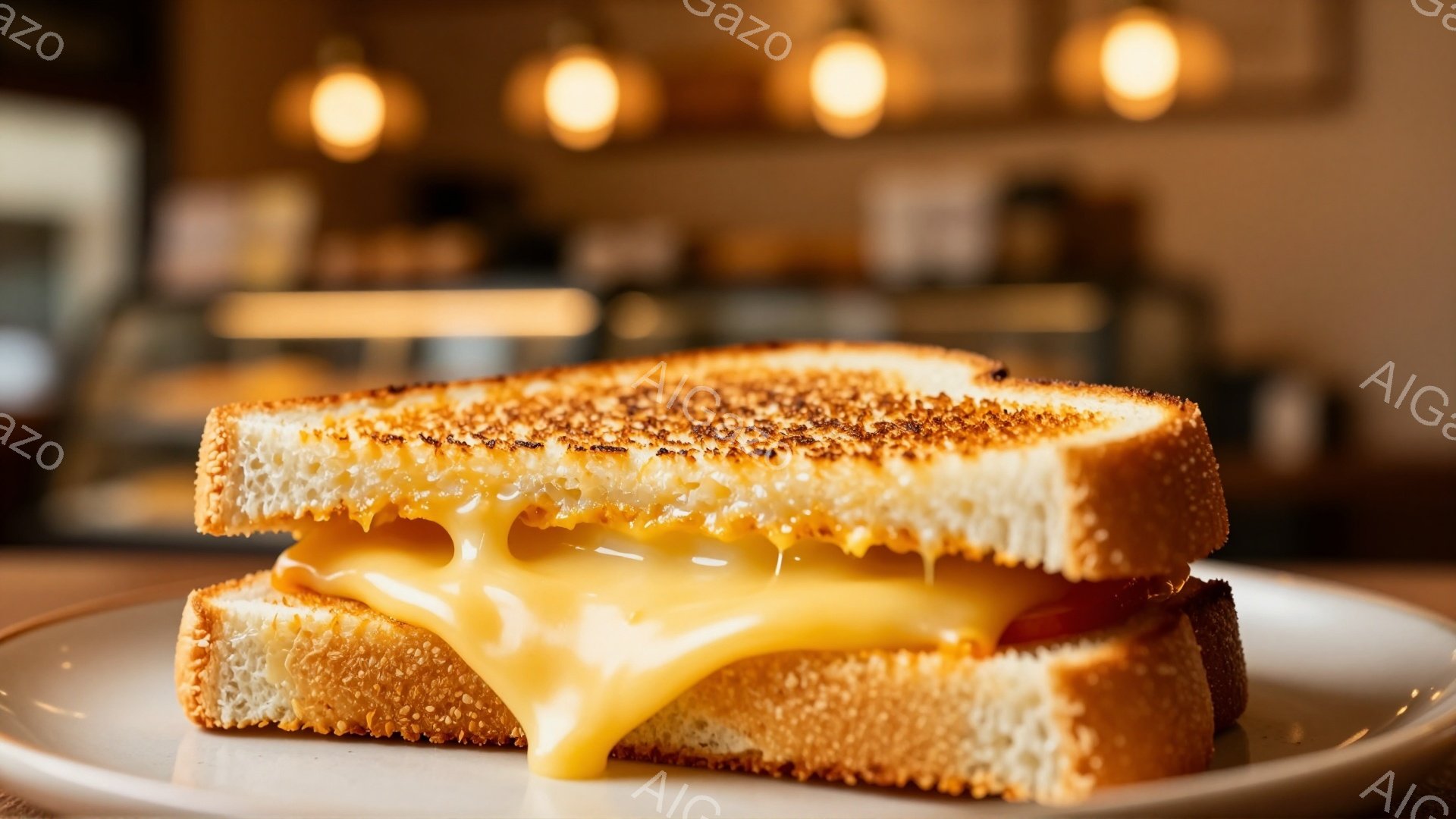 黄金色のチーズがとろけ出した、ホットサンドイッチが白い皿に乗っています。パンは軽く焦げ目がつき、チーズとトマトが挟まれています。背景はぼやけていますが、暖色系の照明が灯ったカフェのような空間であることがわかります。