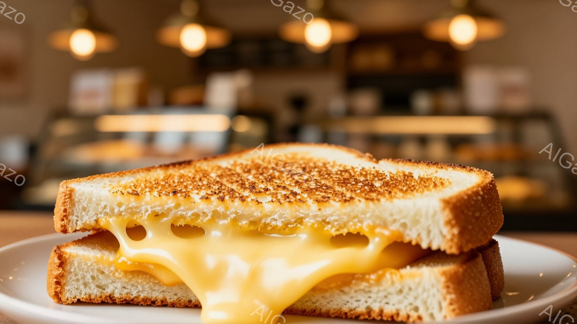 焼けたトーストパンに溶けたチーズが挟まったサンドイッチが、白い皿の上に置かれています。チーズはパンから流れ出し、そのとろける様子が食欲をそそります。背景はぼやけており、カフェのような場所で撮影されたようです。