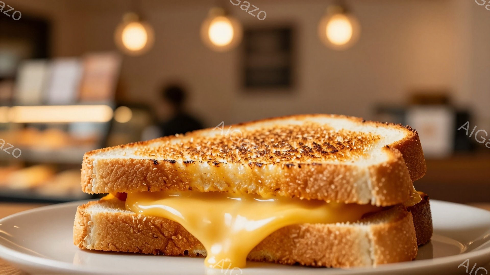 焼けたトーストパンに溶けたチーズが挟まったサンドイッチが、白い皿の上に置かれている。チーズはパンから流れ出し、とろけるような質感が強調されている。背景には、ぼやけたカフェのカウンターと暖色の照明が見え、温かく居心地の良い雰囲気が漂っている。