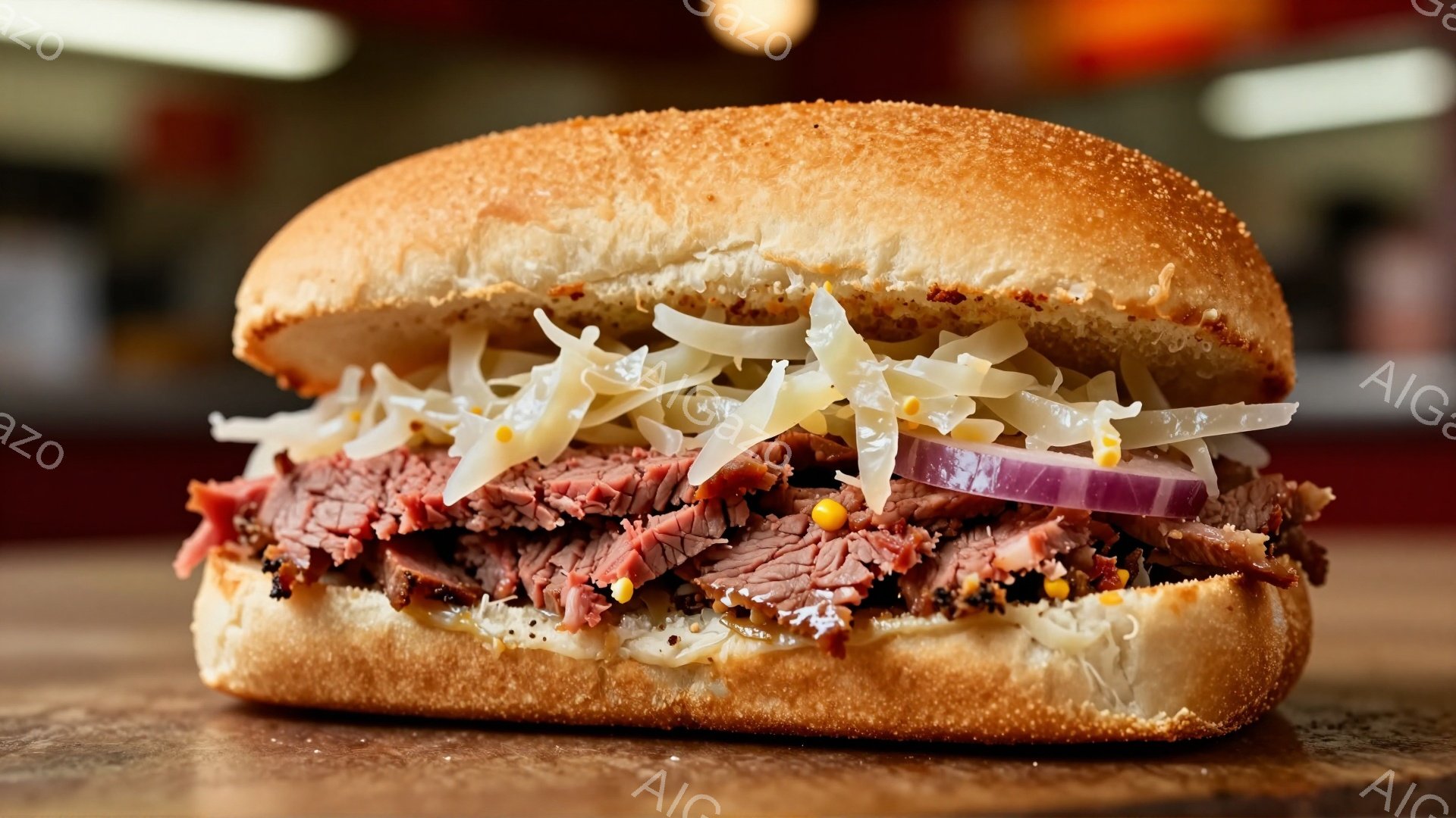 これは、切り口から中身が見えるサンドイッチの写真です。薄切りのローストビーフ、紫色の玉ねぎ、そして細かく切られたチーズがパンに挟まれています。背景はぼやけていますが、木製のテーブルの上に置かれており、暖かく食欲をそそる雰囲気が漂っています。