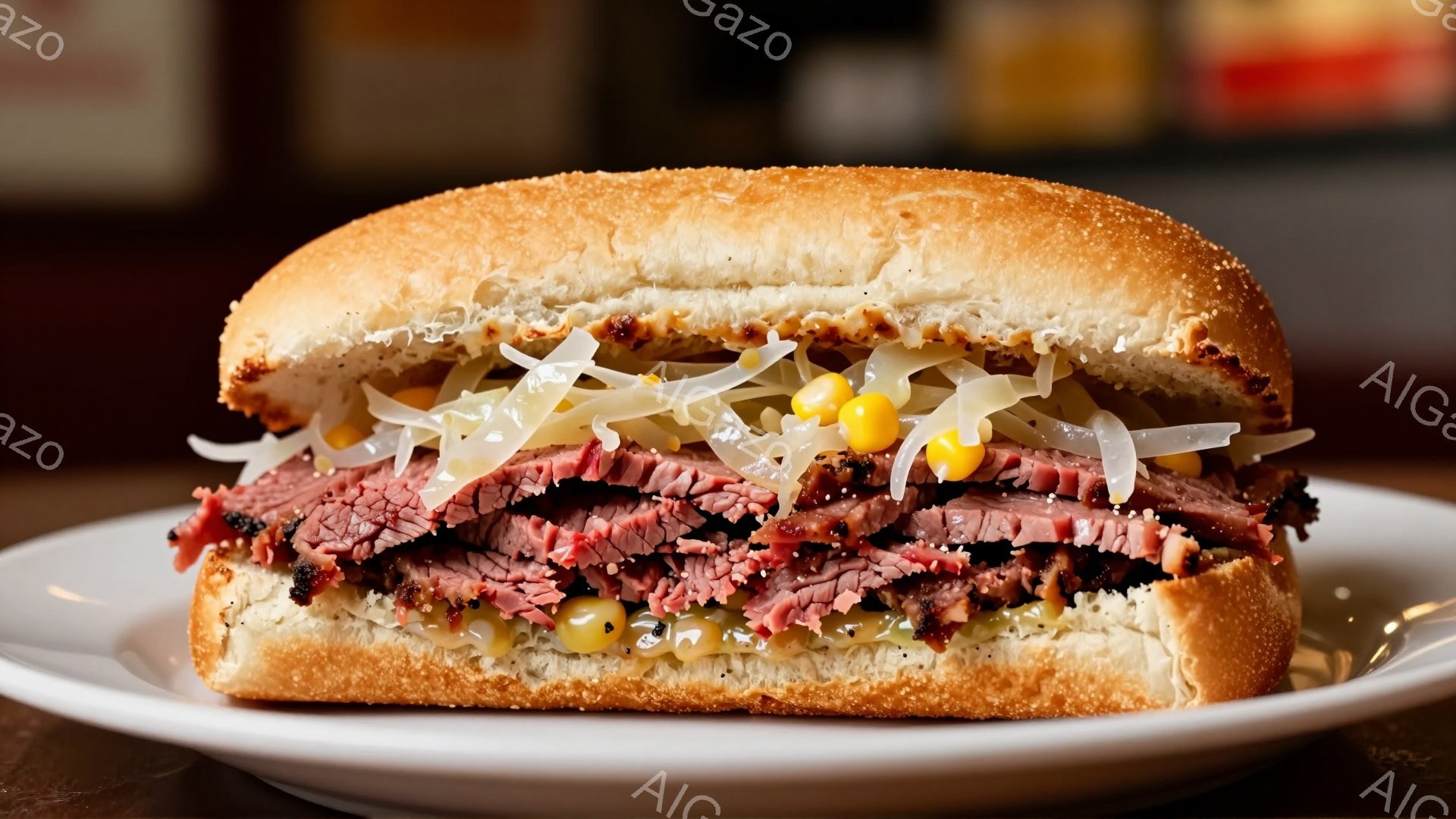 白い皿の上に、具材がたっぷり挟まれたサンドイッチが置かれています。薄切りのローストビーフ、コーン、そして千切りキャベツがパンで挟まれ、ボリューム満点のサンドイッチであることがわかります。背景はぼやけており、サンドイッチが主役となっている構図です。