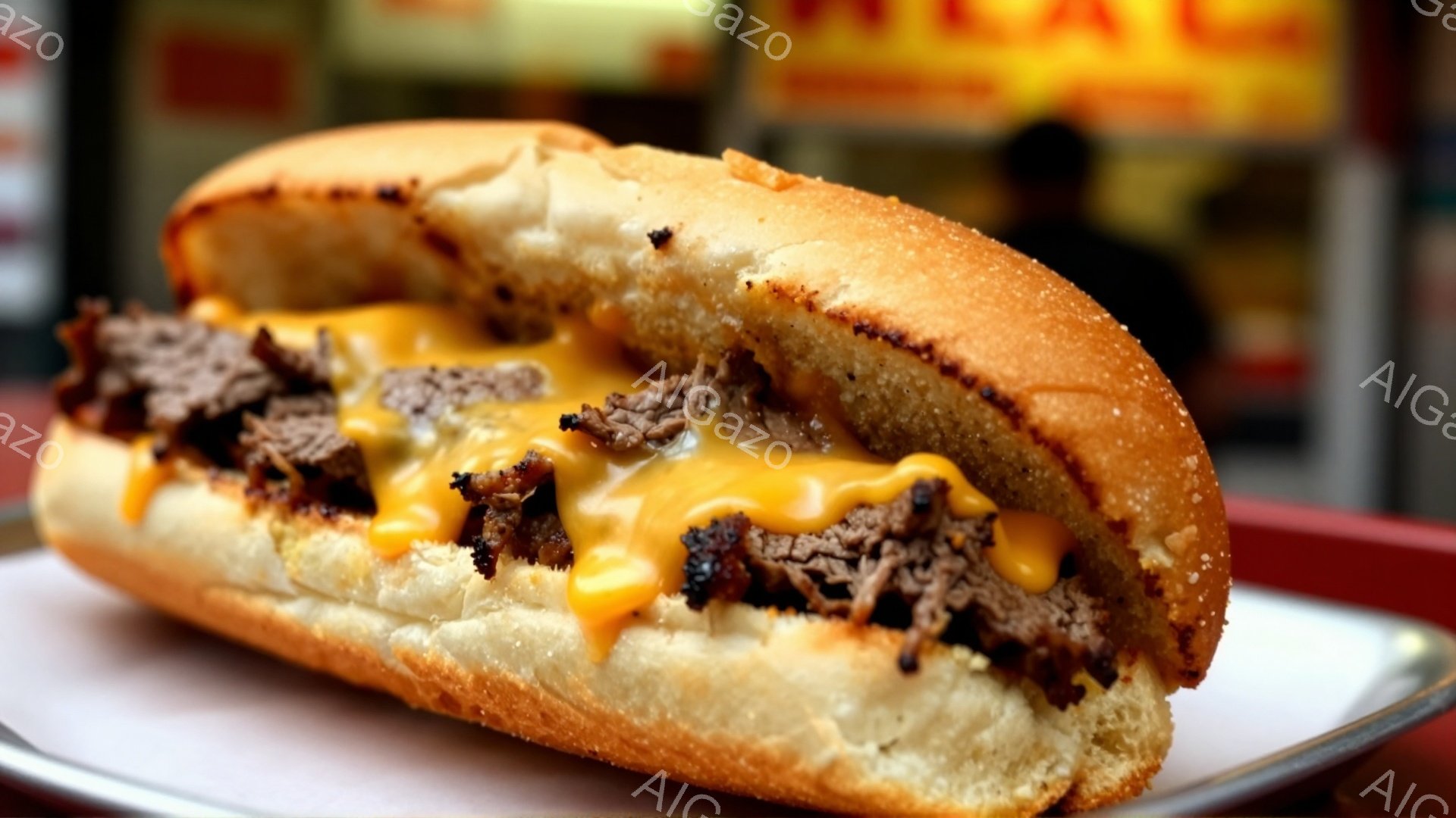 焼きたてのフィラデルフィアチーズステーキサンドイッチが、銀色の皿に乗せられ、赤いトレーの上に置かれています。サンドイッチは、柔らかいパンにたっぷりの薄切り牛肉と溶けた明るいオレンジ色のチーズが挟まって - AI生成フリー素材