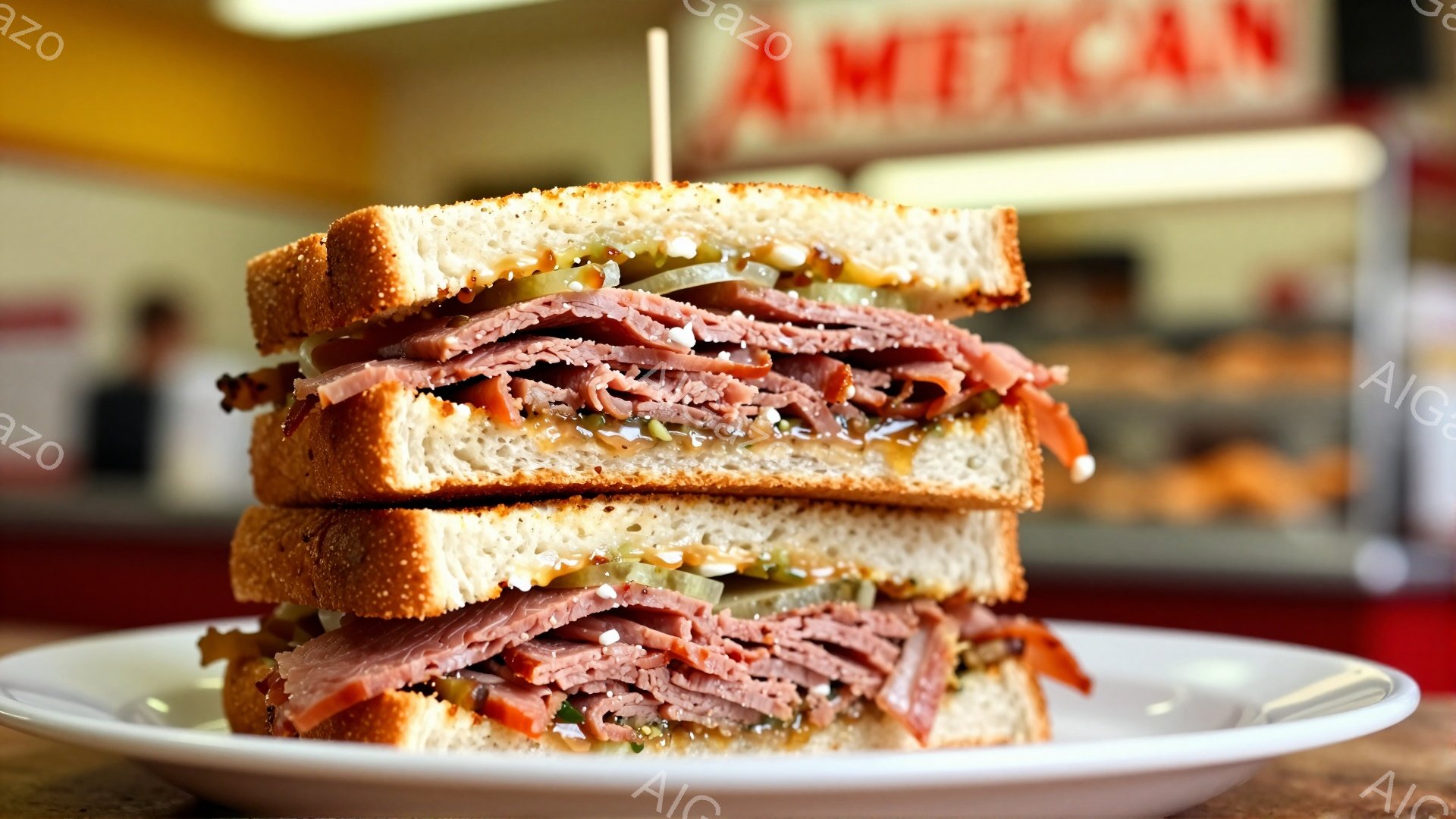 白い皿に積み上げられた、ルビー色のローストビーフとピクルス、マスタードを挟んだサンドイッチが写っている。パンは軽くトーストされ、全体的に美味しそうな色彩が広がっている。背景にはぼやけた店舗の様子が見え、アメリカンダイナーのような雰囲気が漂っている。