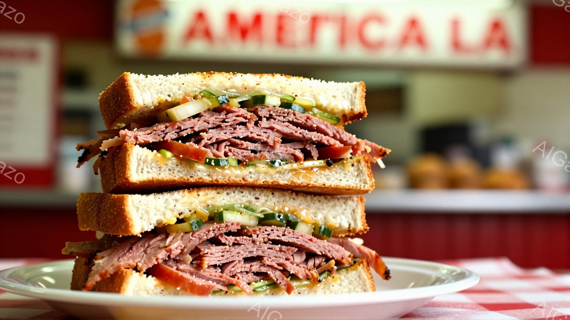 白い皿の上に、ローストビーフサンドイッチが３枚重ねられています。サンドイッチは茶色いパンで挟まれ、ローストビーフ、ピクルス、マスタードなどが挟まれており、とても美味しそうに見えます。背景にはぼやけた店舗内部が見え、赤と白のチェック柄のテーブルクロスがサンドイッチを引き立てています。