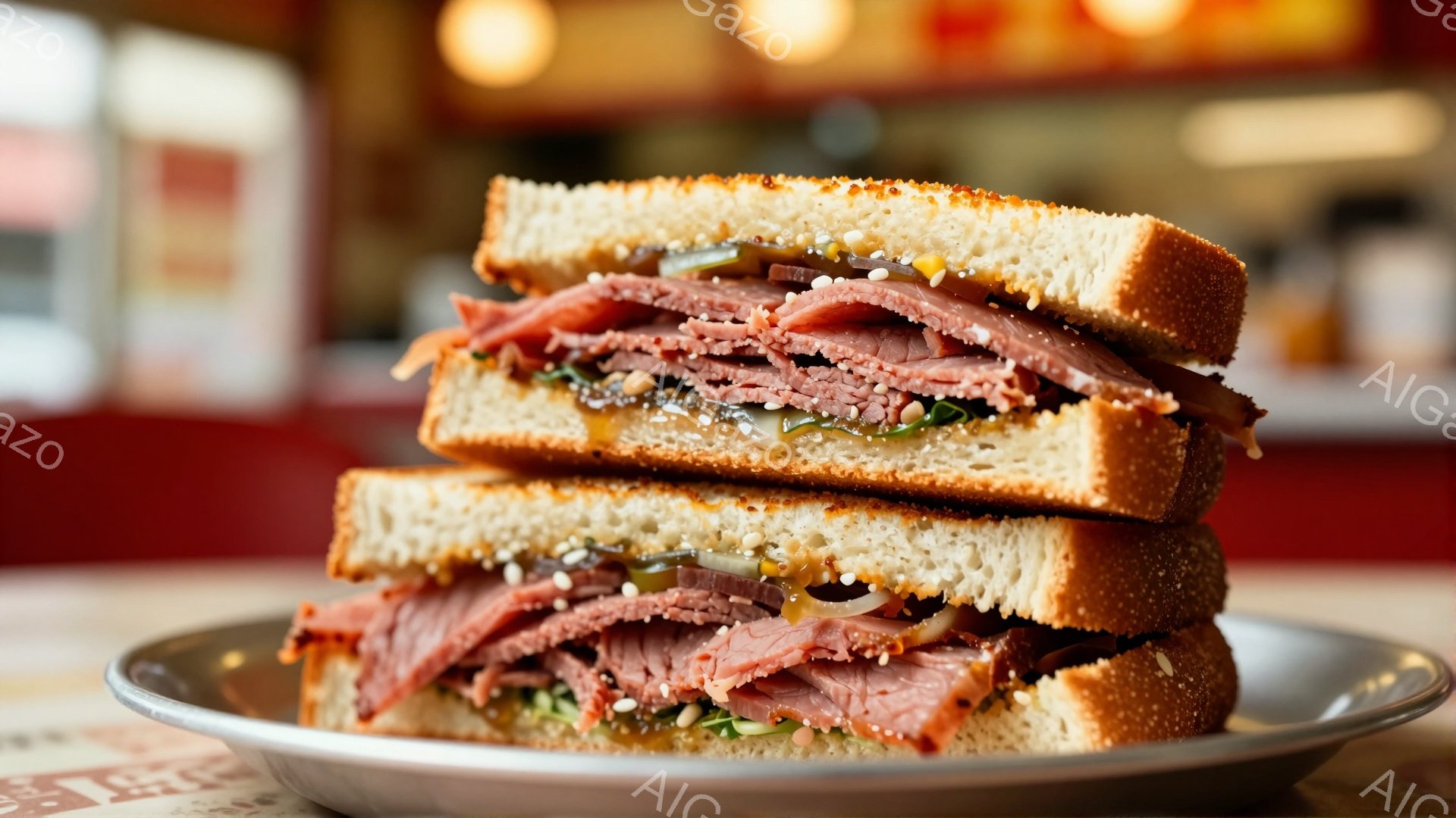 盛り付けられたサンドイッチが皿の上に高く積み重ねられています。サンドイッチは茶色いパンでできており、ローストビーフ、レタス、ピクルスのような具材が挟まれています。背景はぼやけていますが、レストランの赤い内装の一部が見え、全体的に食欲をそそる雰囲気です。