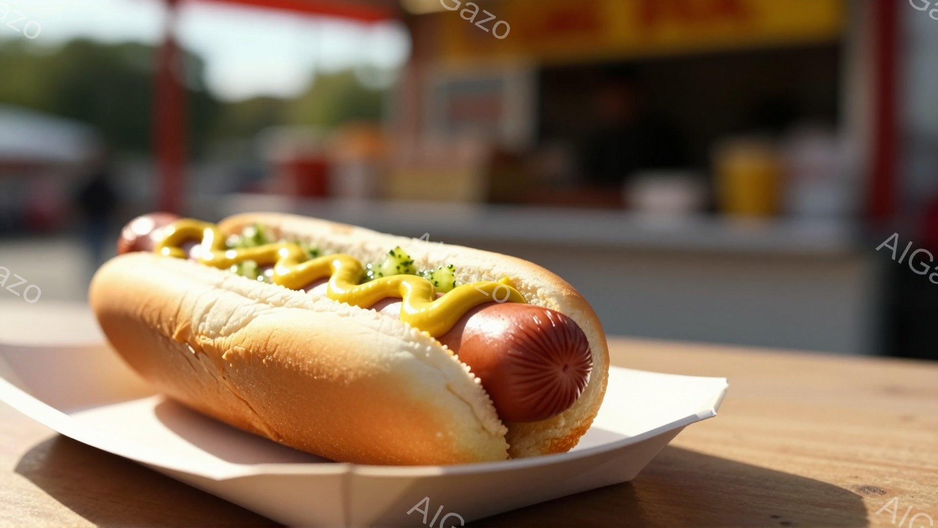 ホットドッグが白い紙製の容器に載せられ、木製のテーブルの上に置かれています。ソーセージには特徴的な溝があり、マスタードと刻んだ玉ねぎがトッピングされています。背景には赤い屋台が見え、おそらくイベントや - AI生成フリー素材