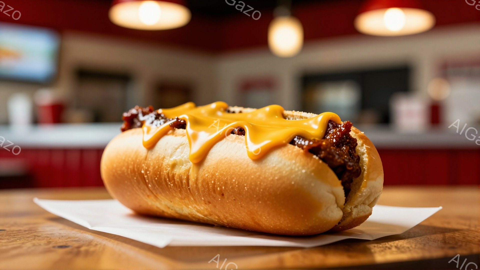 ホットドッグが白い紙の上に置かれており、ケチャップとマスタードがたっぷりとかかっています。背景にはぼやけたカウンターと明るい照明が見え、ファストフード店の内部の様子が伺えます。全体的に、暖かく食欲をそ - AI生成フリー素材