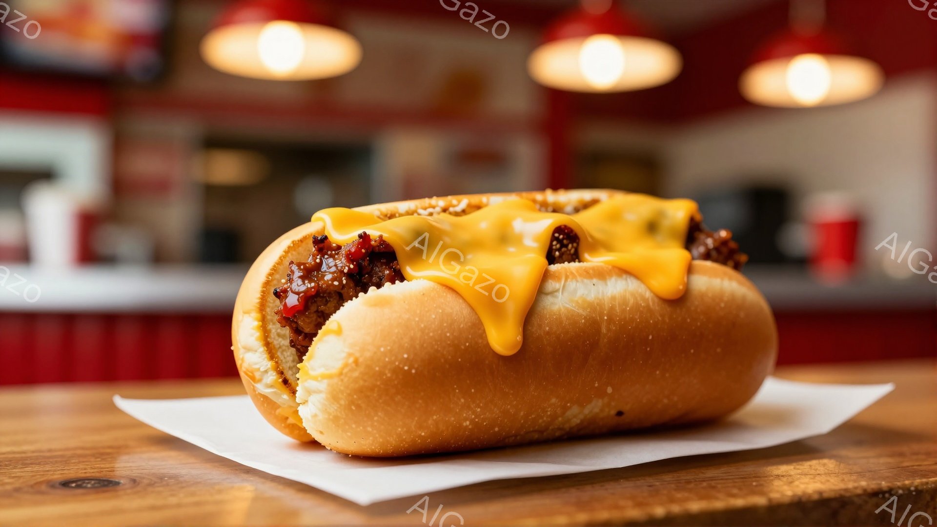 ホットドッグが白紙の上に置かれており、とろけるチーズと、おそらくチリソースのような赤いソースがかかっています。背景はレストランのような内装で、木製のテーブルと赤と白の装飾が特徴的です。全体的に、食欲をそそる、暖かく居心地の良い雰囲気です。