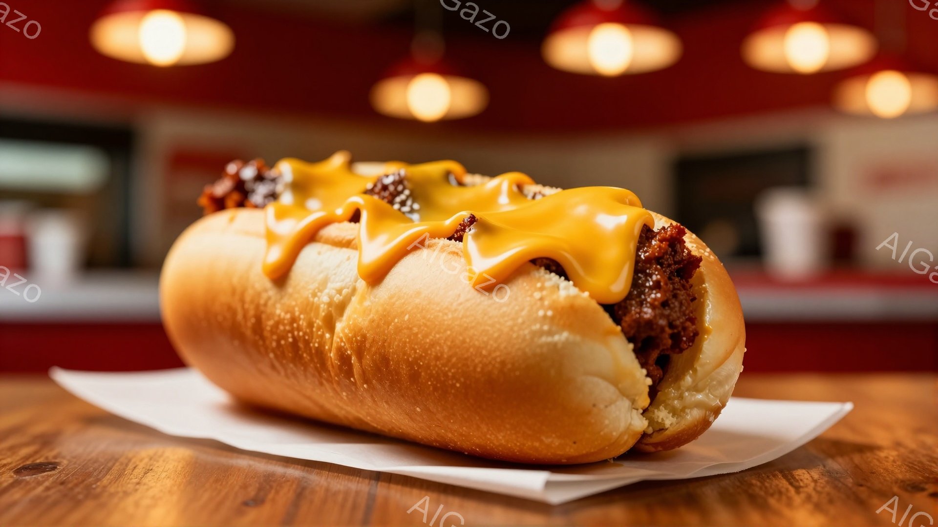 ホットドッグが白い紙の上に置かれています。パンは軽く焦げ目がついており、その上に肉と溶けたチーズソースがたっぷりとかかっています。背景は薄暗いレストランのようで、暖色系の照明がホットドッグを照らしてい - AI生成フリー素材