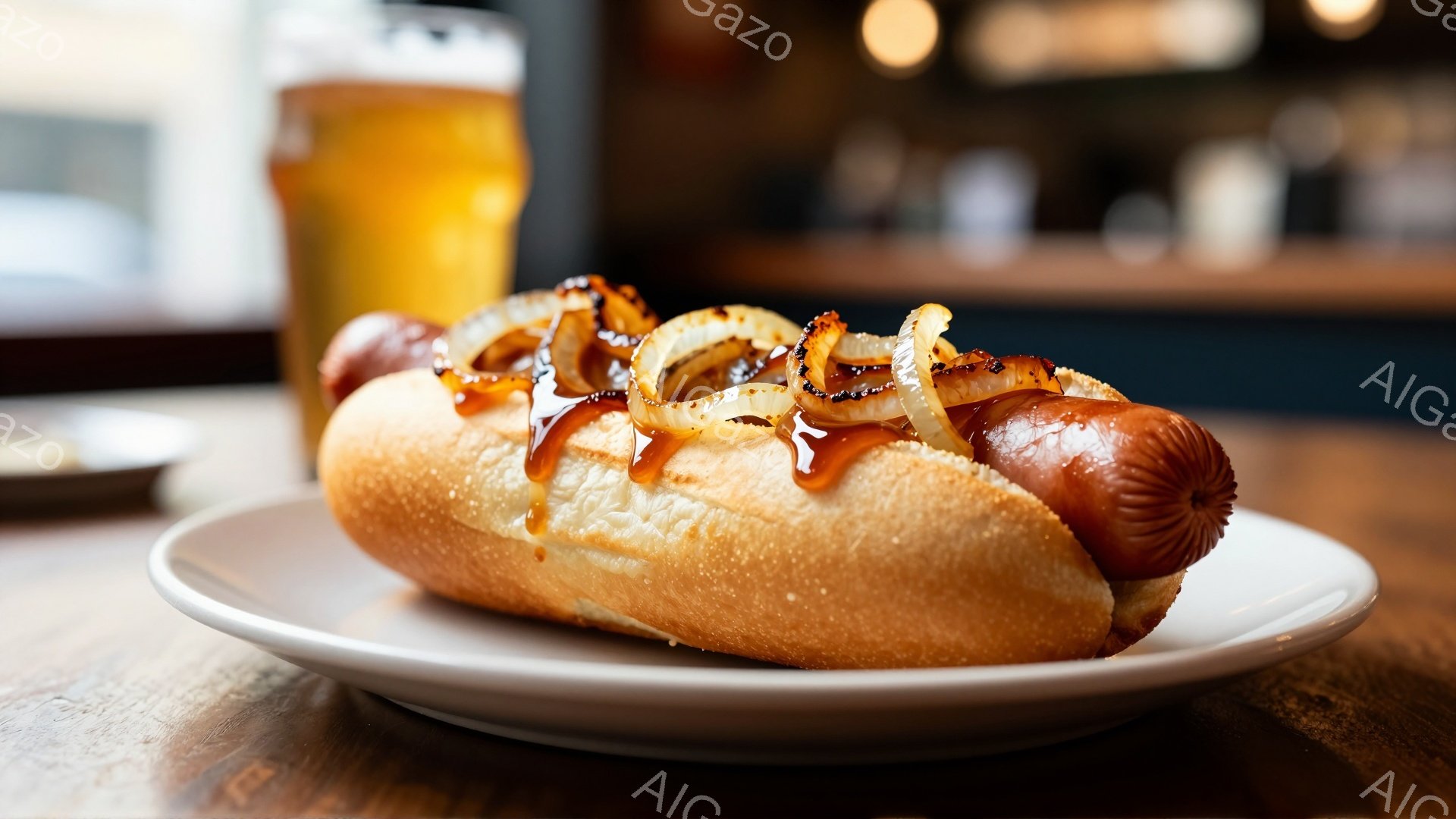 白い皿に置かれたホットドッグが写っている。焼き色のついたソーセージの上にはキャラメリゼされた玉ねぎが乗っており、甘いソースがかかっている。背景にはぼやけたバーカウンターとビールグラスが見え、温かみのある照明がホットドッグを照らし、食欲をそそる雰囲気を作り出している。