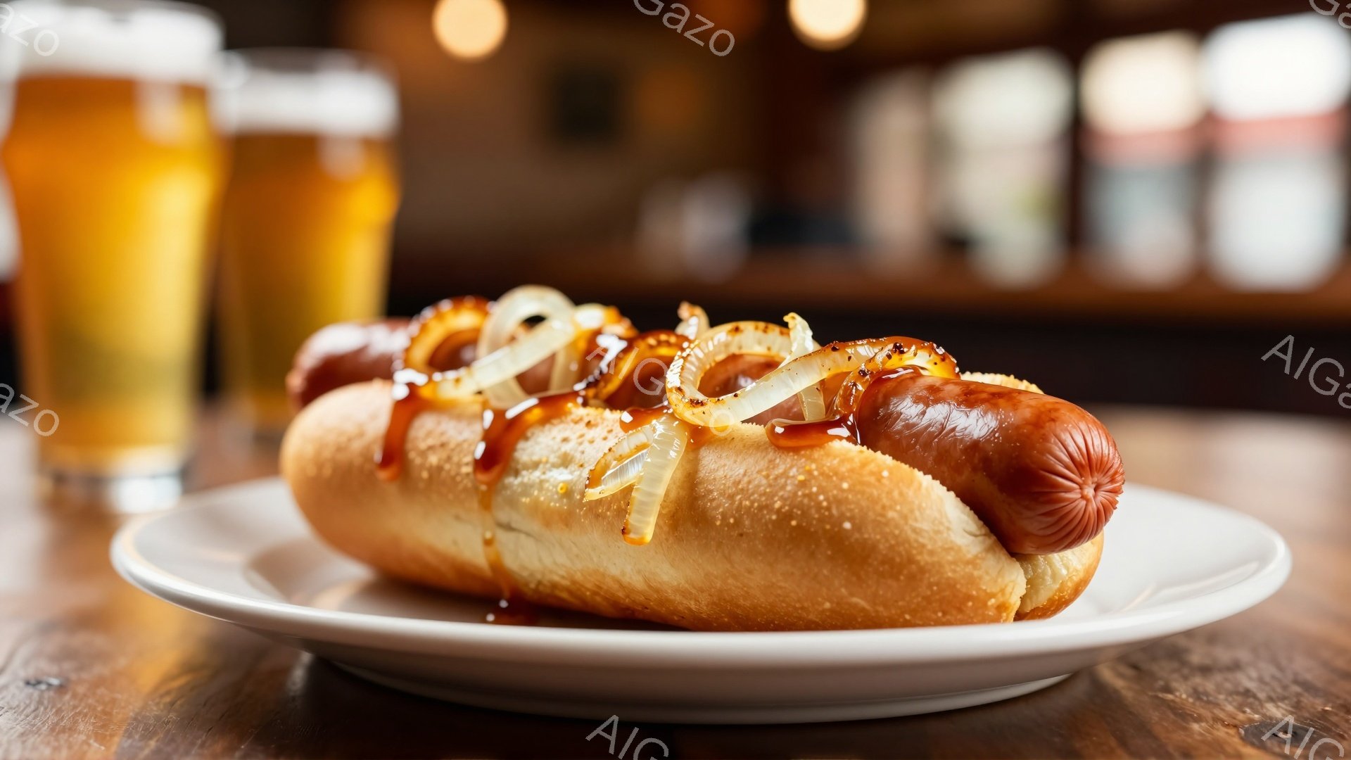 ホットドッグが白い皿に載せられ、キャラメル色のソースと炒めた玉ねぎがトッピングされています。背景には、ぼやけたバーのような場所で、グラスに入った琥珀色のビールが見えます。全体的に暖色系の照明と木製のテーブルが、カジュアルで食欲をそそる雰囲気を醸し出しています。