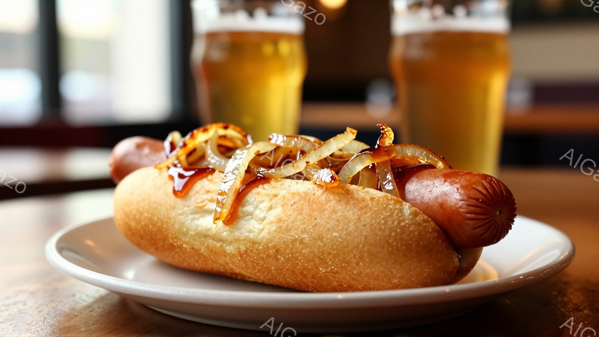 ホットドッグが白い皿の上に置かれ、キャラメル状に炒めた玉ねぎがトッピングされています。背景には、泡が立ち上る2杯のビールグラスがあり、おそらくパブやレストランのような場所で撮影されたと思われます。全体的に、カジュアルで食欲をそそる雰囲気です。