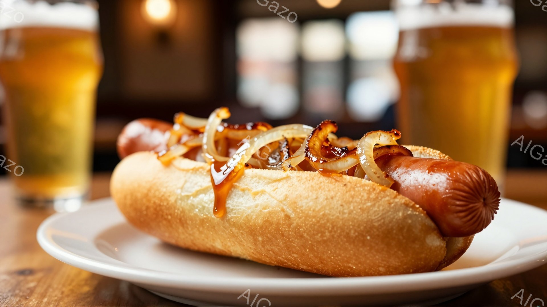 白い皿にホットドッグが置かれており、キャラメル化した玉ねぎとソースがトッピングされている。背景には、泡立ったビールが入ったグラスと、ぼやけたバーのような背景が見える。全体的に暖かく、食欲をそそる雰囲気で、おいしい食事を楽しむ様子が想像できる。