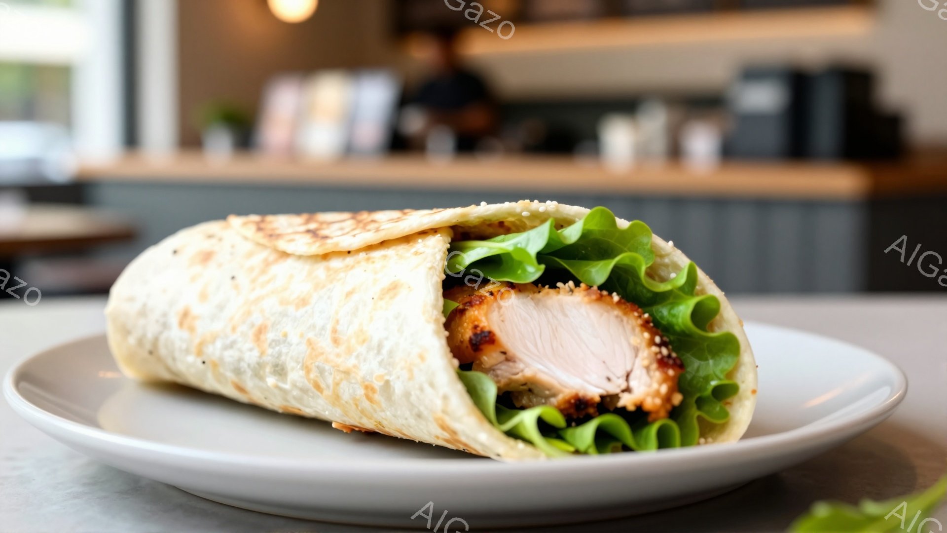 白い皿の上に、焼いた鶏肉とレタスをトルティーヤで包んだラップサンドが置かれています。トルティーヤは軽く焦げ目がついており、レタスは鮮やかな緑色で、食欲をそそります。背景には、ぼやけたカウンターと、わず - AI生成フリー素材