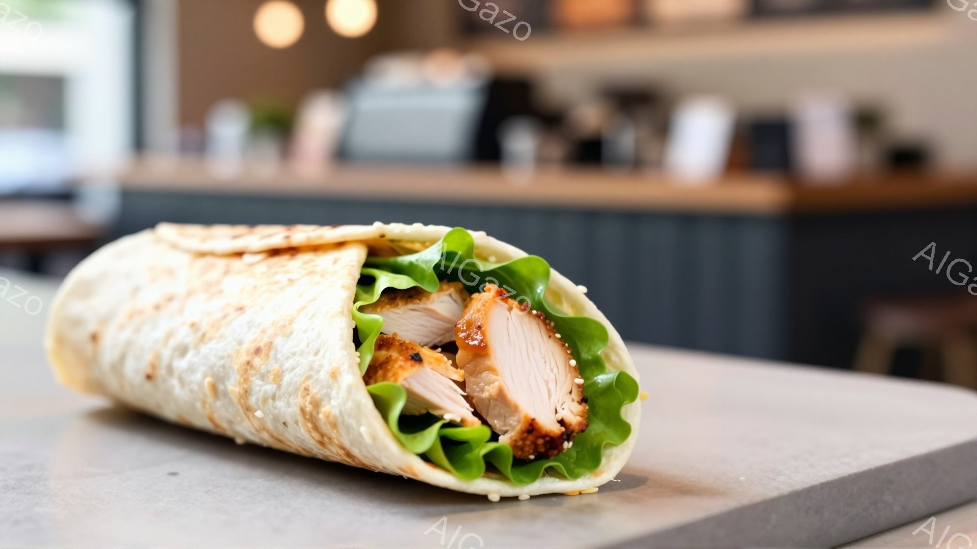 焼き色のついたトルティーヤでチキンとレタスが巻かれたラップサンドが、明るい光の下でテーブルの上に置かれている。チキンはジューシーで、レタスは新鮮な緑色をしており、食欲をそそる。背景にはぼやけたカウンタ - AI生成フリー素材