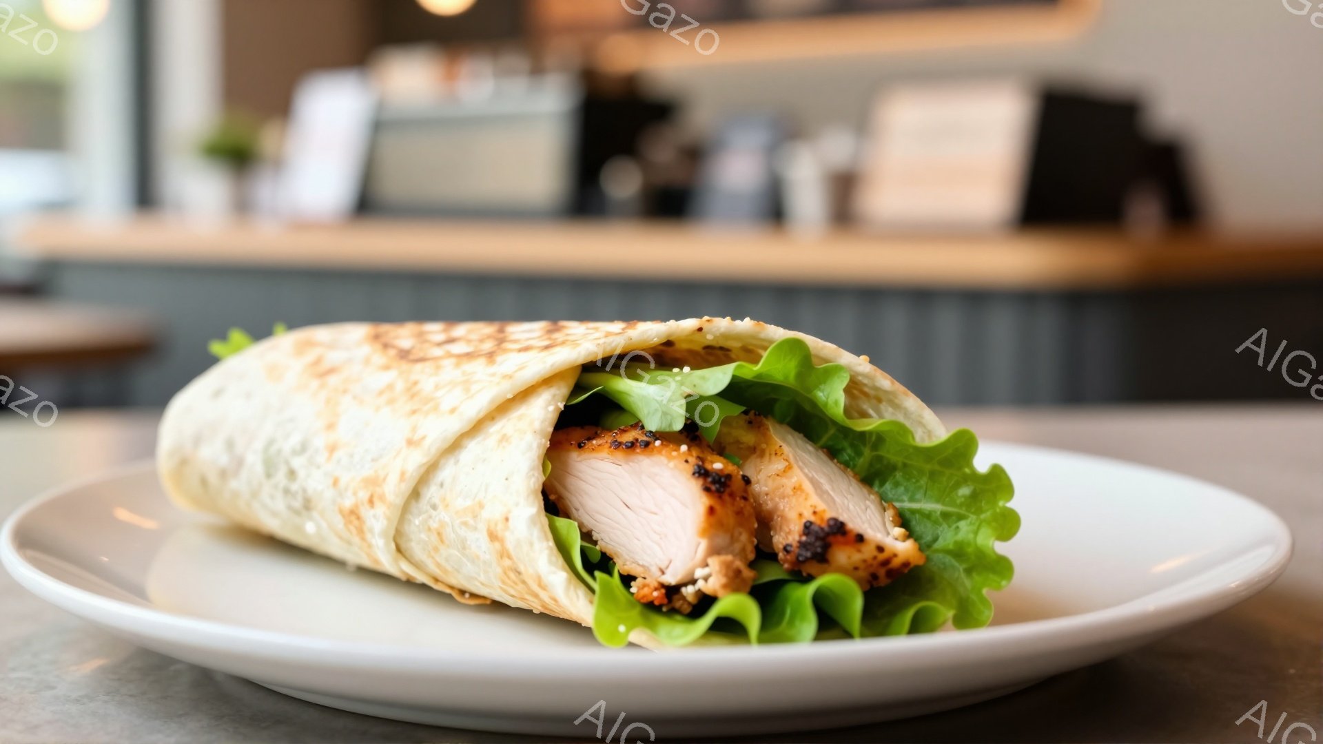 白い皿に包まれたチキンラップが写っている。ラップは軽く焦げたトルティーヤで包まれ、中には緑色のレタスと焼き付けられた鶏肉が見える。背景にはぼやけたカウンターと内装があり、カフェやレストランのような雰囲 - AI生成フリー素材