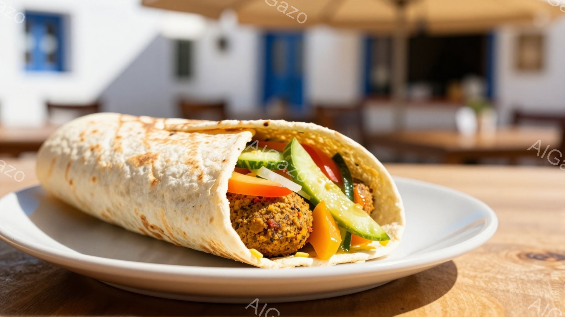 白い皿にファラフェルサンドイッチが載っています。サンドイッチの中には、ファラフェル、トマト、キュウリ、そして黄色いソースが見え、パンは少し焦げ目がついています。背景には白壁の建物が見え、日差しが暖かく、穏やかな雰囲気のランチタイムのようです。