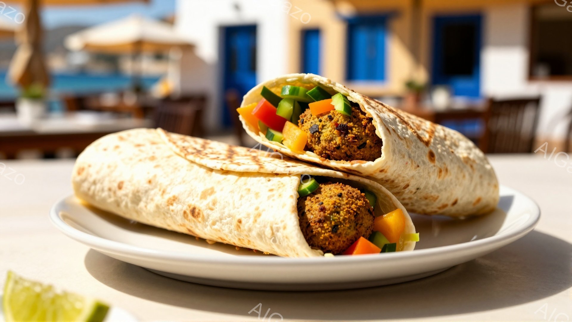 白い皿の上に、ピタパンで包まれたファラフェルサンドイッチが2つ置かれています。サンドイッチの中には、細かく切られたトマト、キュウリ、そして濃い茶色のファラフェルが詰まっており、鮮やかなコントラストが目立ちます。背景には、青い窓とドアを持つ白い建物が見え、晴れた日差しと穏やかな雰囲気が感じられます。